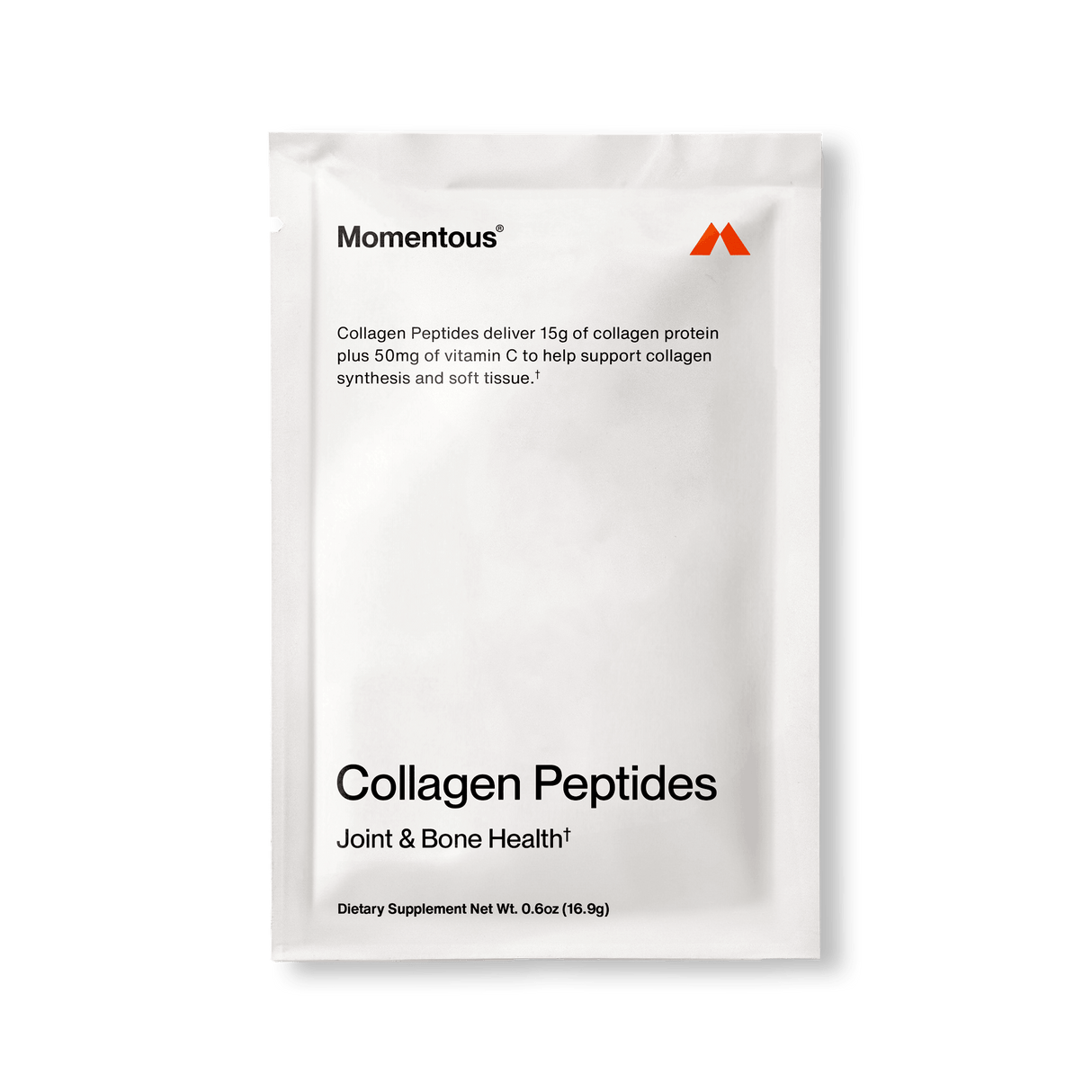 A white travel pack labeled "Momentous Collagen Peptides 10-Travel Packs" by Momentous, highlighting collagen protein and vitamin C for joint and bone health.