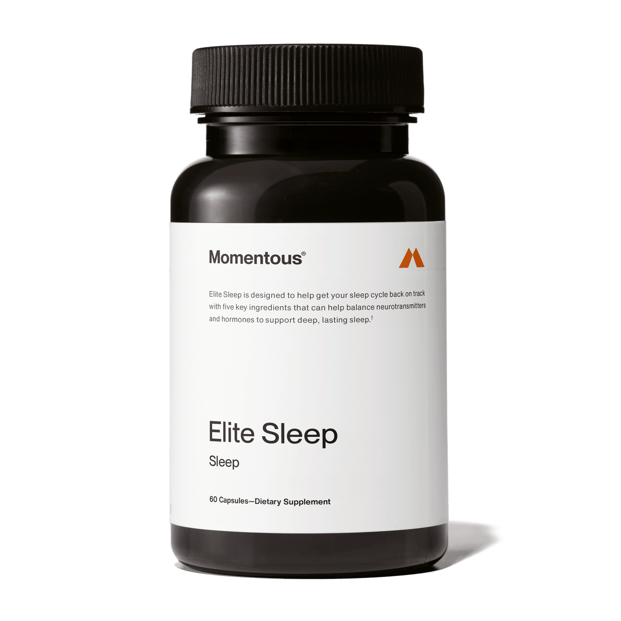 Momentous Elite Sleep by Momentous is a black bottle with 60 capsules of melatonin sleep aid, formulated to support restorative sleep and a healthy circadian rhythm.