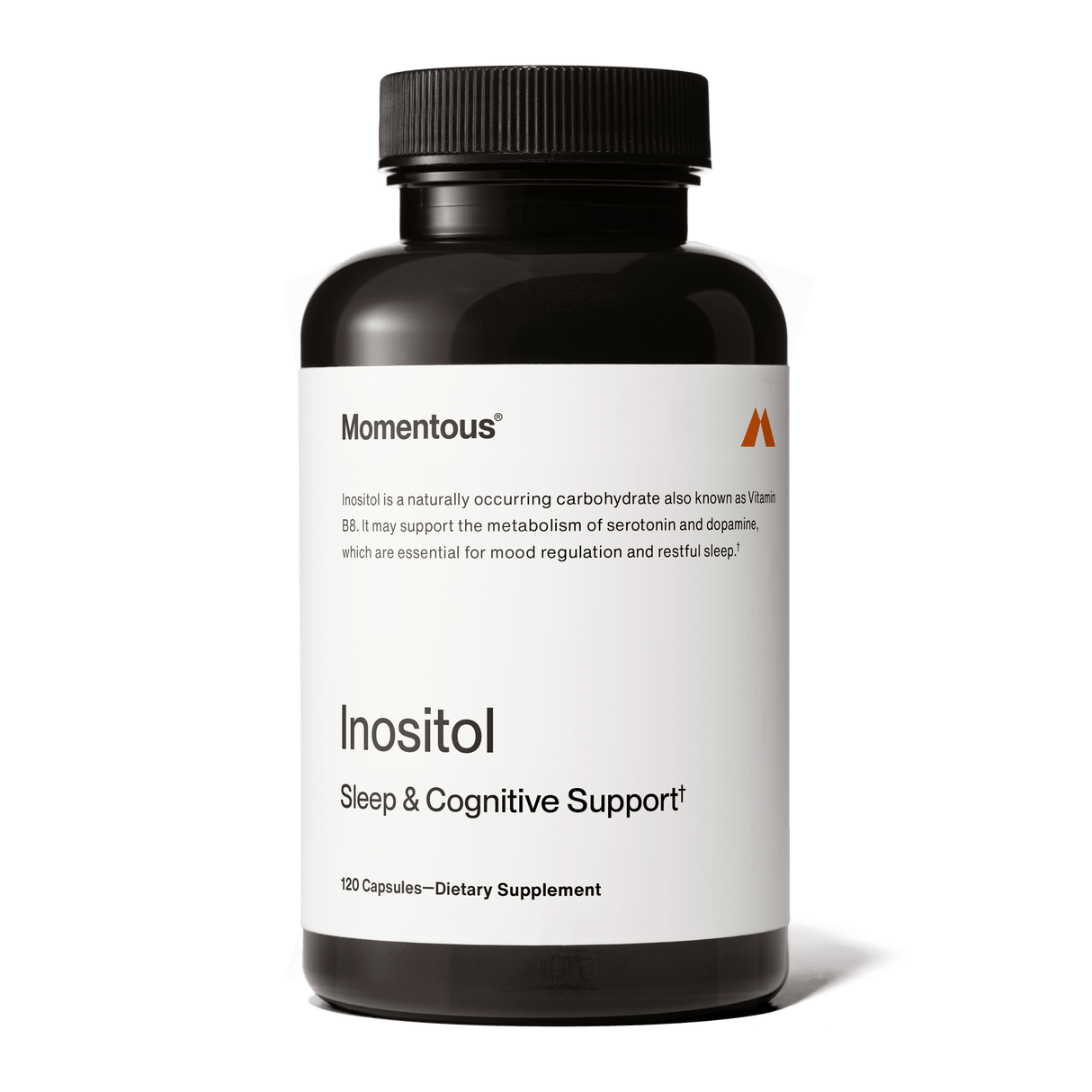 A black bottle of Momentous Inositol by Momentous contains 120 capsules, described as a dietary supplement with inositol for mood regulation and better sleep quality.