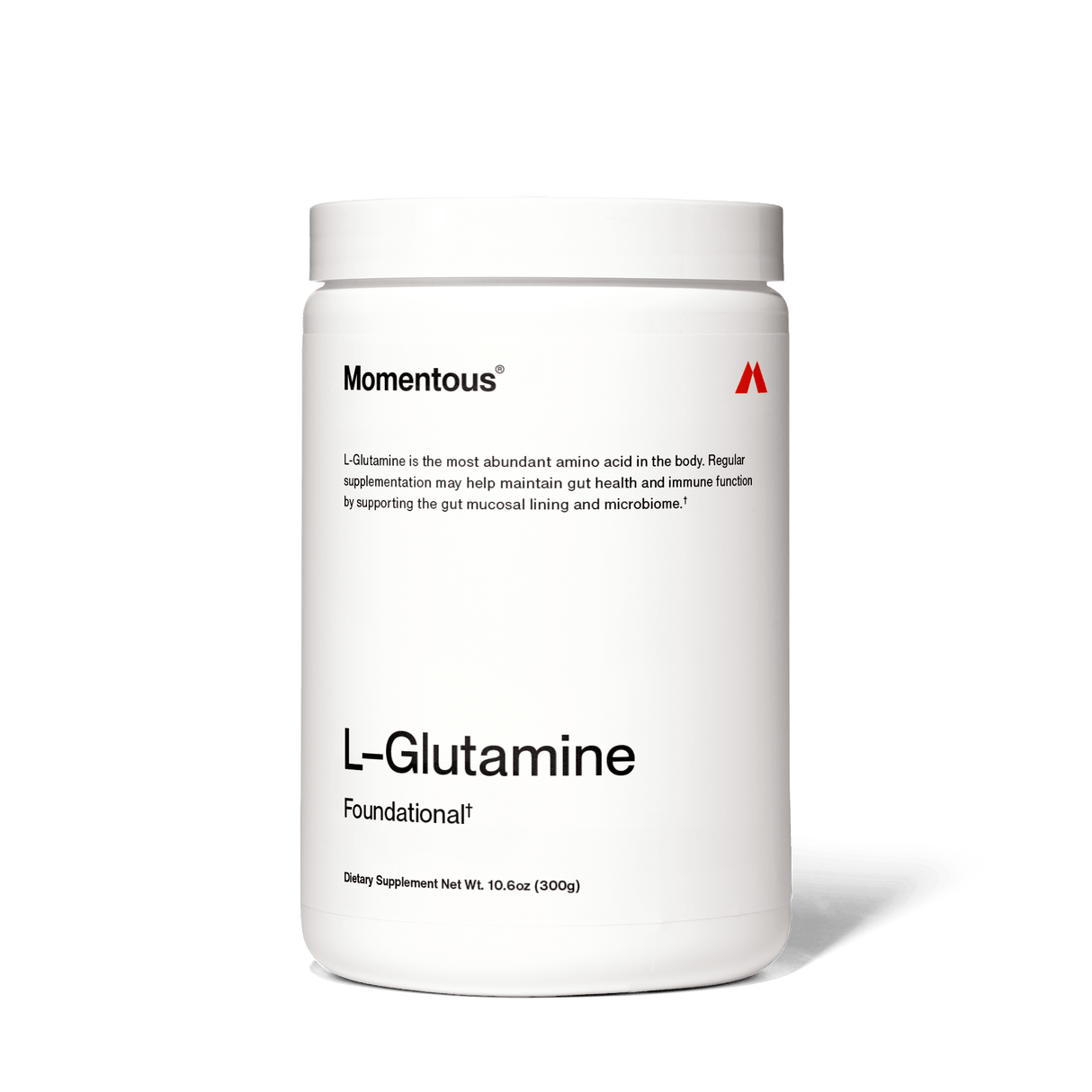 Momentous L-Glutamine is a 300g dietary supplement by Momentous that supports gut health, immune function, and muscle recovery. Comes in a white container.