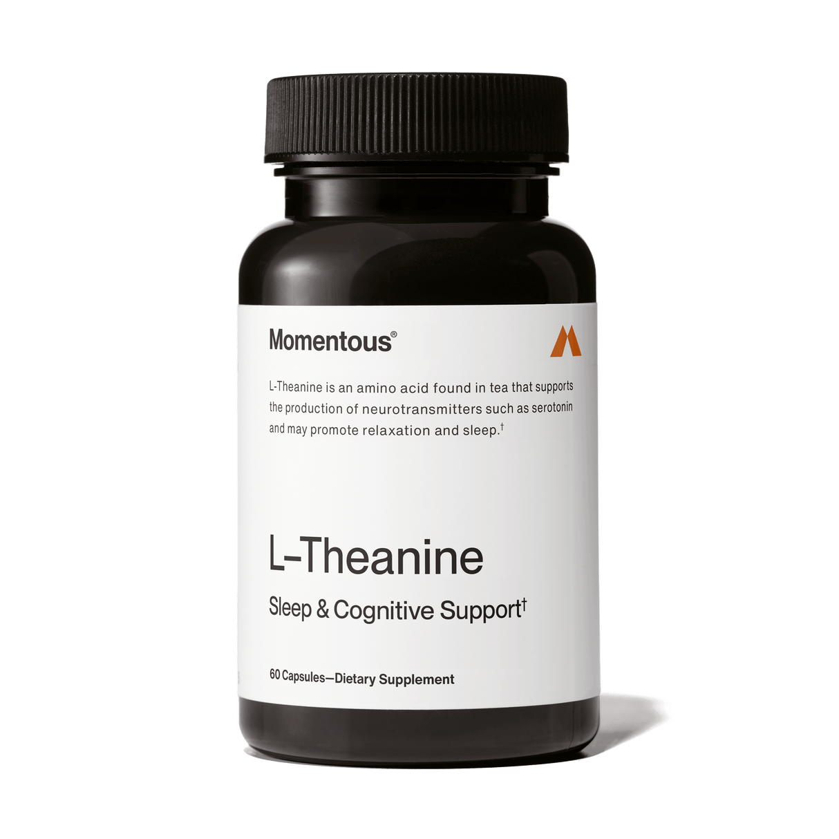 Momentous L-Theanine by Momentous is a black bottle with 60 capsules, formulated as a dietary supplement to improve focus and provide stress relief.
