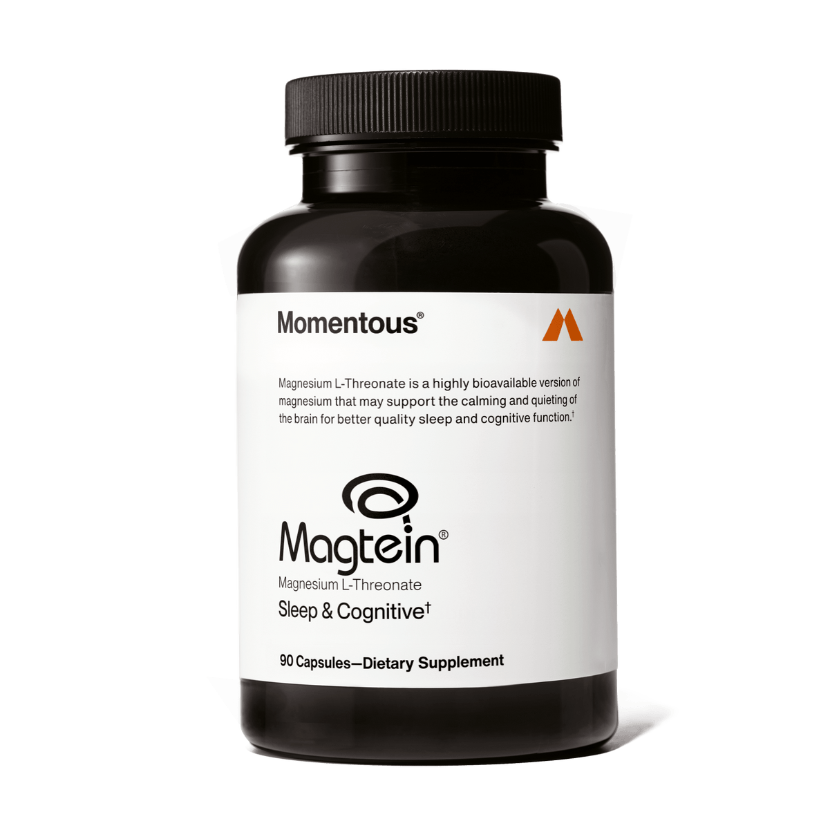 A black bottle labeled "Momentous Magnesium L-Threonate" by Momentous, containing 90 capsules, is a dietary supplement formulated to support cognitive function and improve sleep quality.