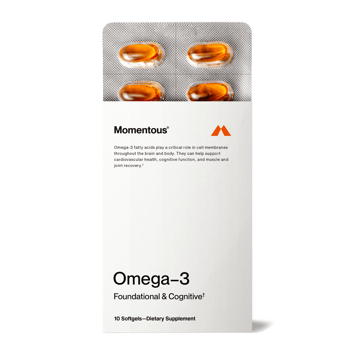 Momentous Omega-3 Travel Packs by Momentous include a blister pack with four orange softgels, rich in EPA and DHA, and packaging details to support cardiovascular health.