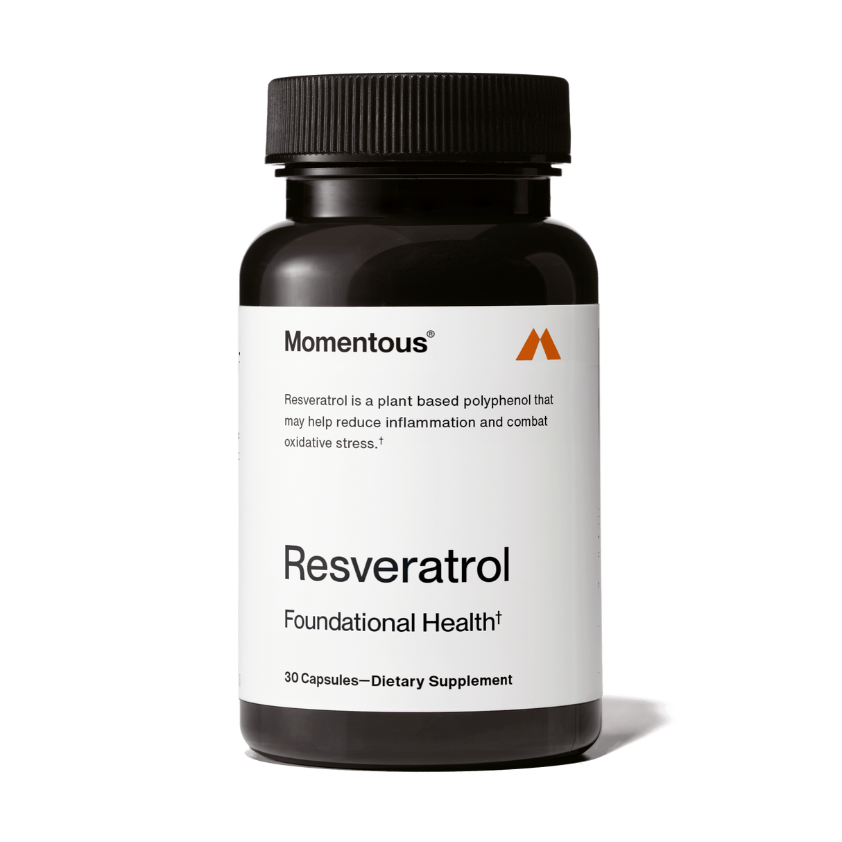 A black bottle of Momentous Resveratrol by Momentous contains 30 dietary supplement capsules with antioxidants, supporting healthy aging. The white label displays product information.