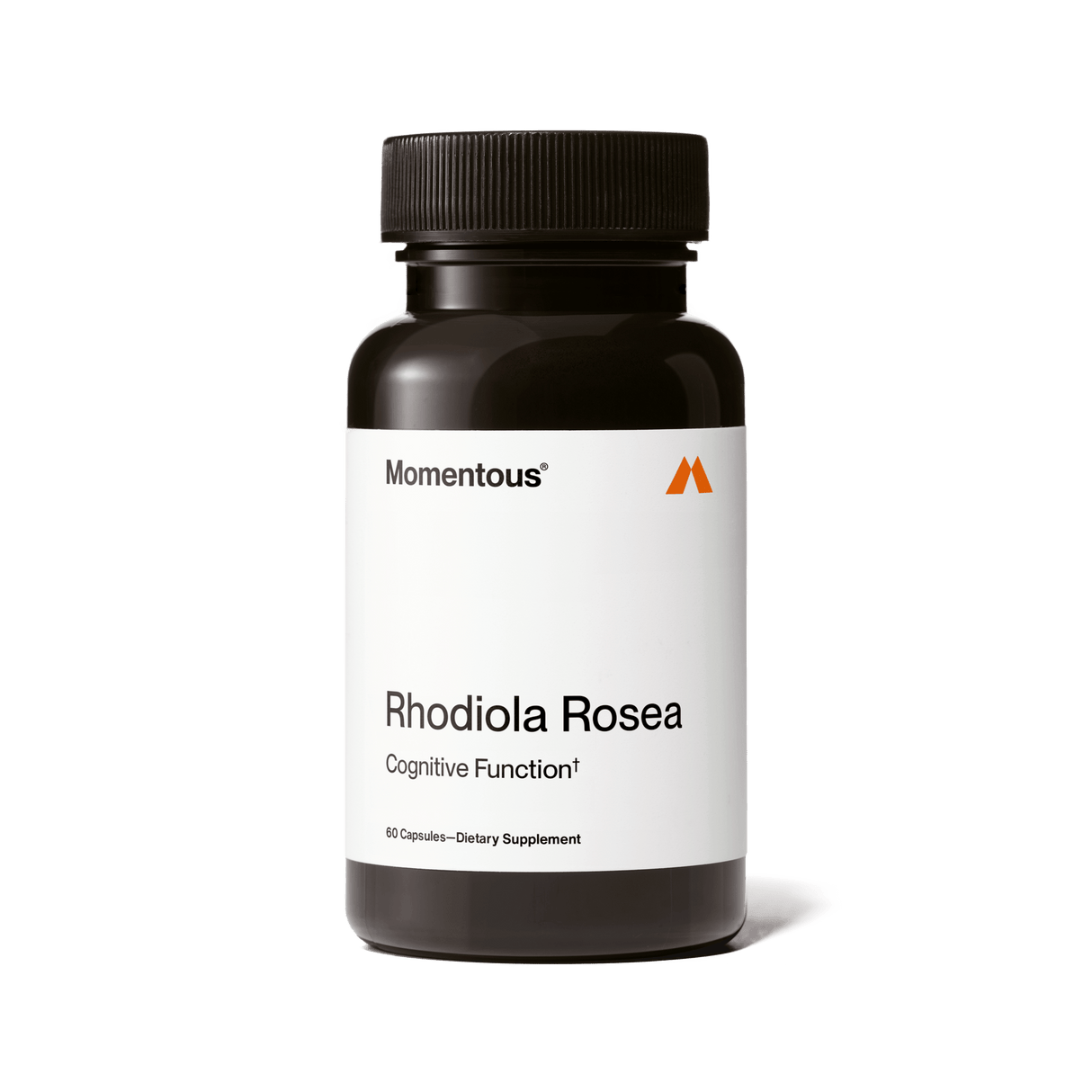 A black bottle of Momentous Rhodiola Rosea by Momentous, containing 60 capsules of a natural adaptogen dietary supplement for stress management, is displayed against a plain white background.