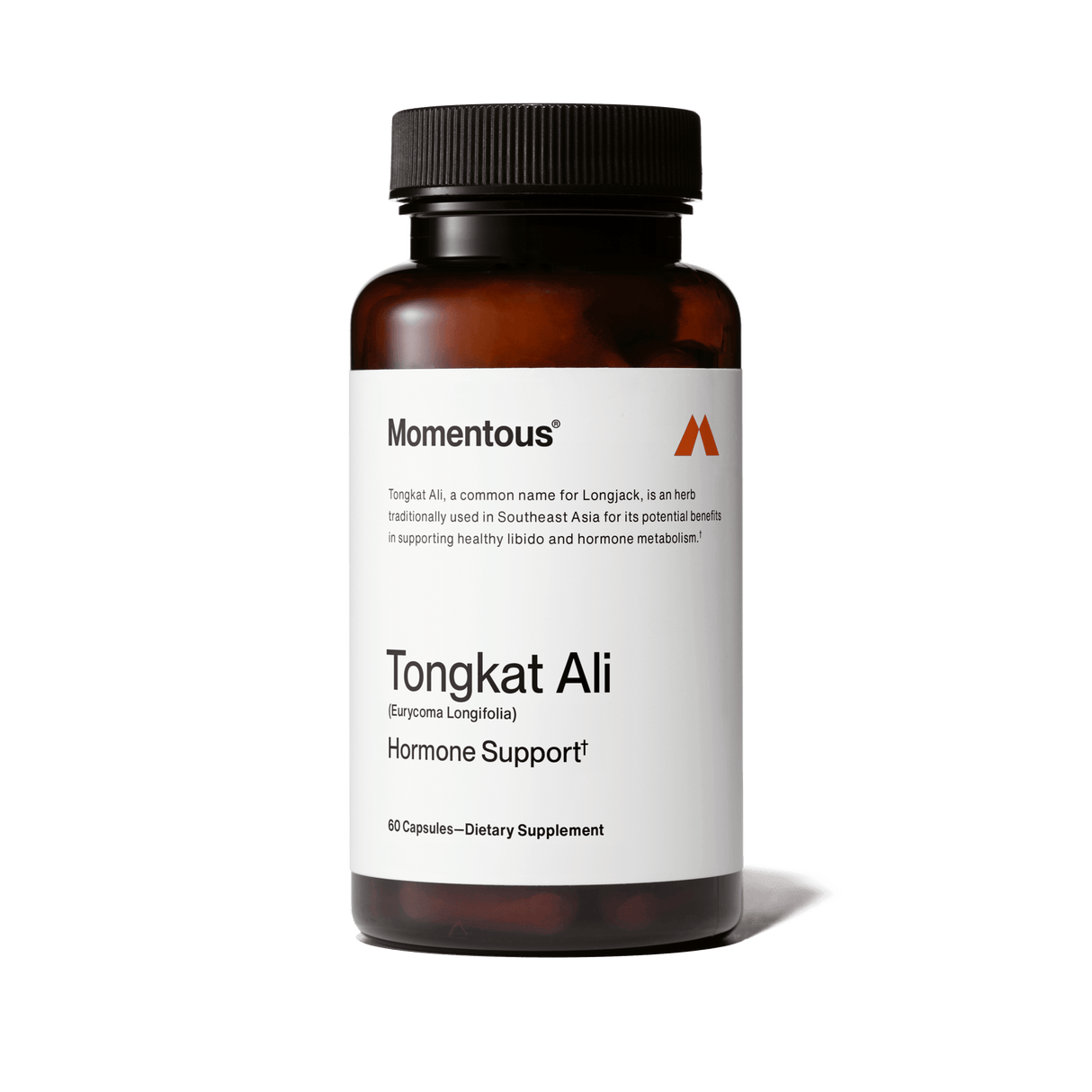 A brown bottle labeled "Momentous Tongkat Ali" by Momentous, containing 60 dietary supplement capsules for testosterone support, is displayed against a plain white background.