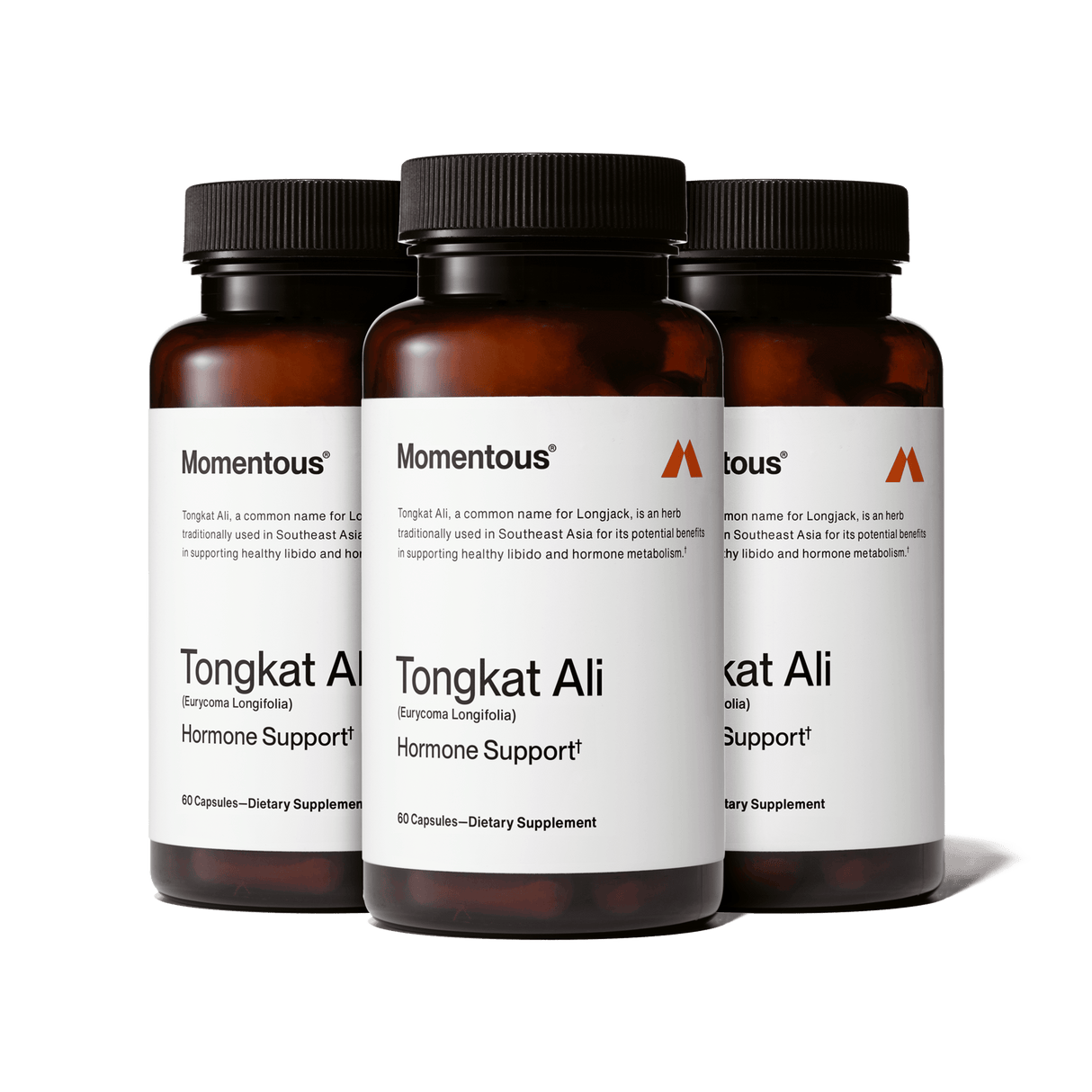Three bottles of Momentous Tongkat Ali by Momentous, each containing 60 capsules, are lined up in a row against a plain white background.
