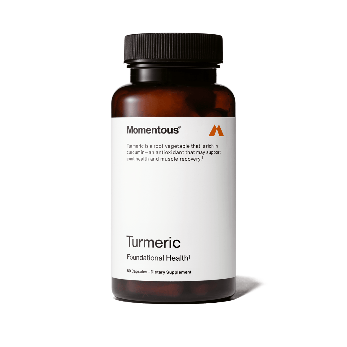 The brown bottle labeled "Momentous Turmeric" by Momentous contains 60 capsules designed to support joint health and deliver anti-inflammatory benefits.