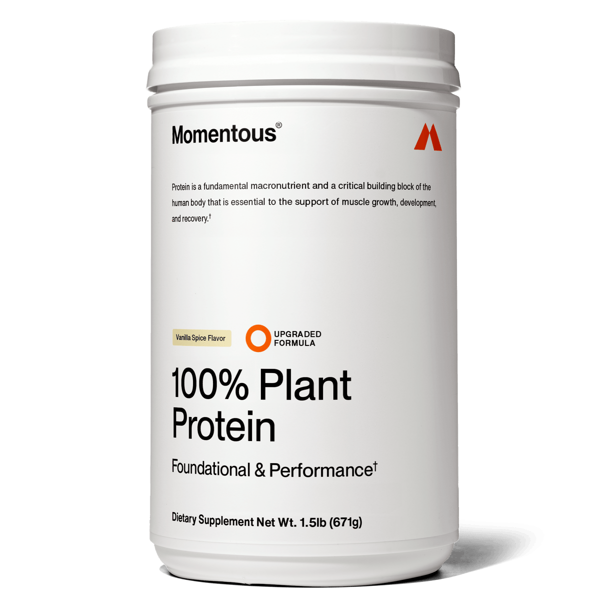 A white container of Momentous 100% Plant Protein Powder, Vanilla Spice, features foundational and performance benefits, NSF Certified for Sport status, a complete amino acid profile, and a net weight of 1.5 lb (671g).