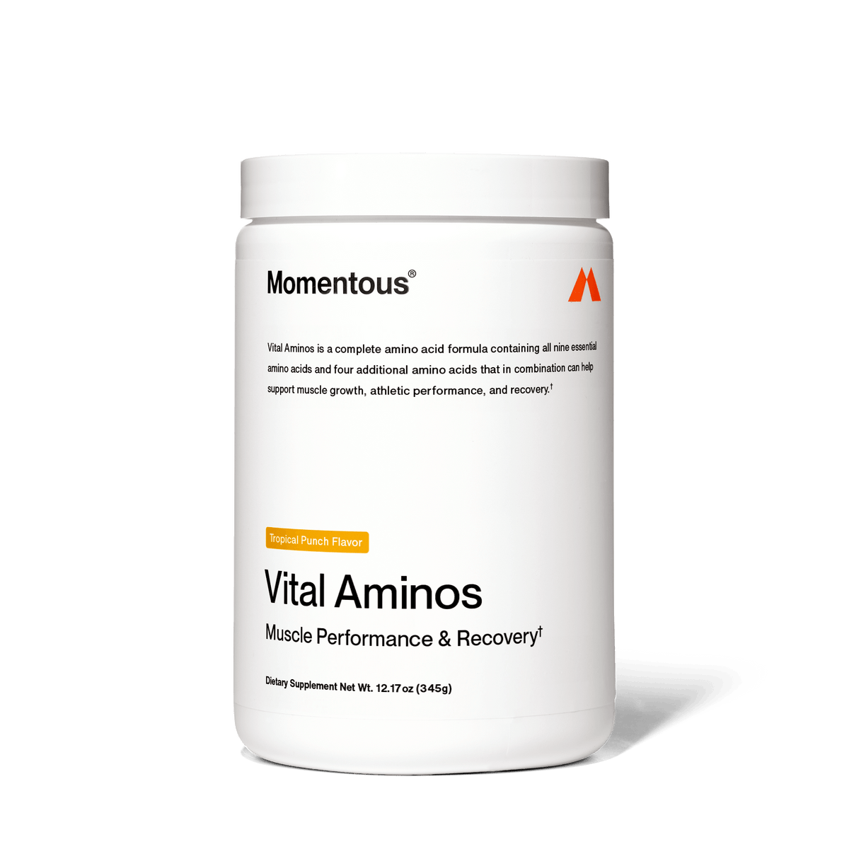 A white container of Momentous Vital Aminos by Momentous, Tropical Punch Flavor, labeled for muscle performance and recovery, contains 12.7 oz (345g) of essential amino acids dietary supplement.