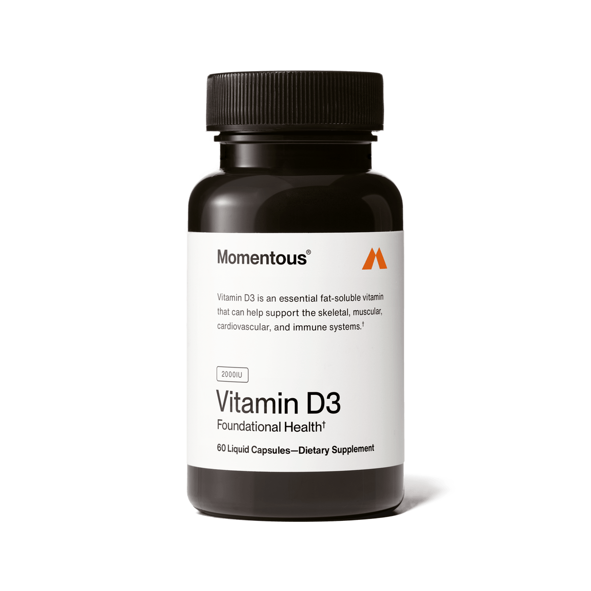 A black bottle labeled "Momentous Vitamin D3 2000 IU" from Momentous, with 60 liquid capsules, is a dietary supplement that supports bone health plus skeletal, muscular, cardiovascular, and immune systems.