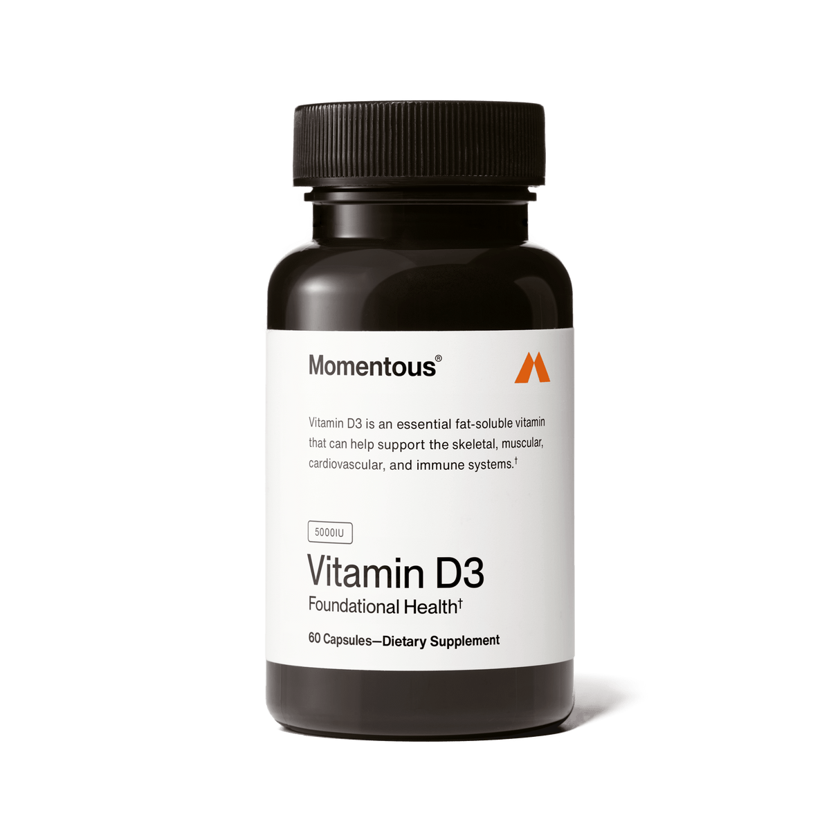Momentous Vitamin D3 5000 IU by Momentous comes in a black bottle with 60 capsules, providing 5000 IU per serving to help support bone strength and immune health as a foundational supplement.