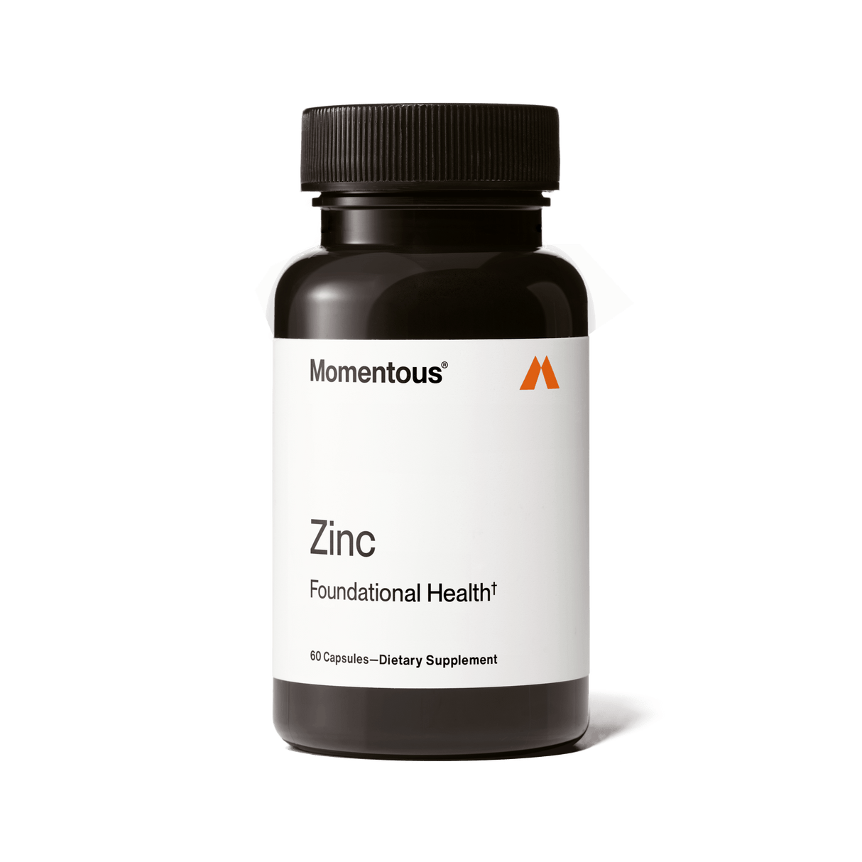 A black bottle labeled "Momentous Zinc" by Momentous, containing 60 zinc supplement capsules for immune support and metabolic health, is displayed against a white background.