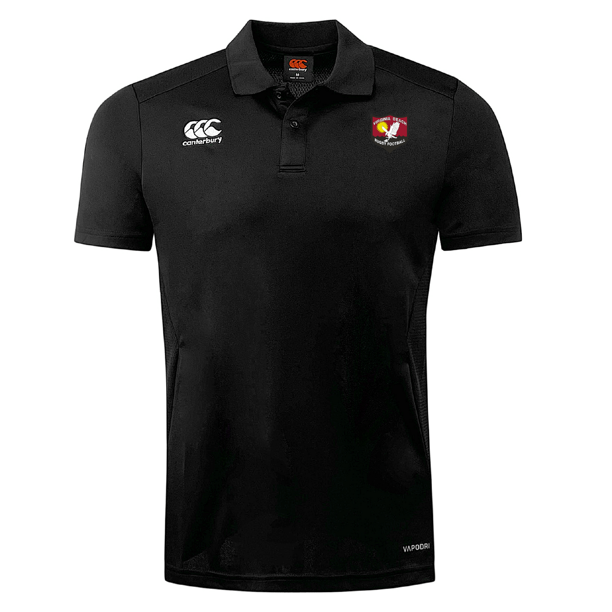 The Virginia Beach RFC Club Dry Polo by EMB Canterbury is a black breathable polo featuring the "Canterbury" and "Vapodri" logos, along with a vibrant embroidered chest crest. It's enhanced with Vapodri Technology and zoned mesh panels for optimal comfort and ventilation.