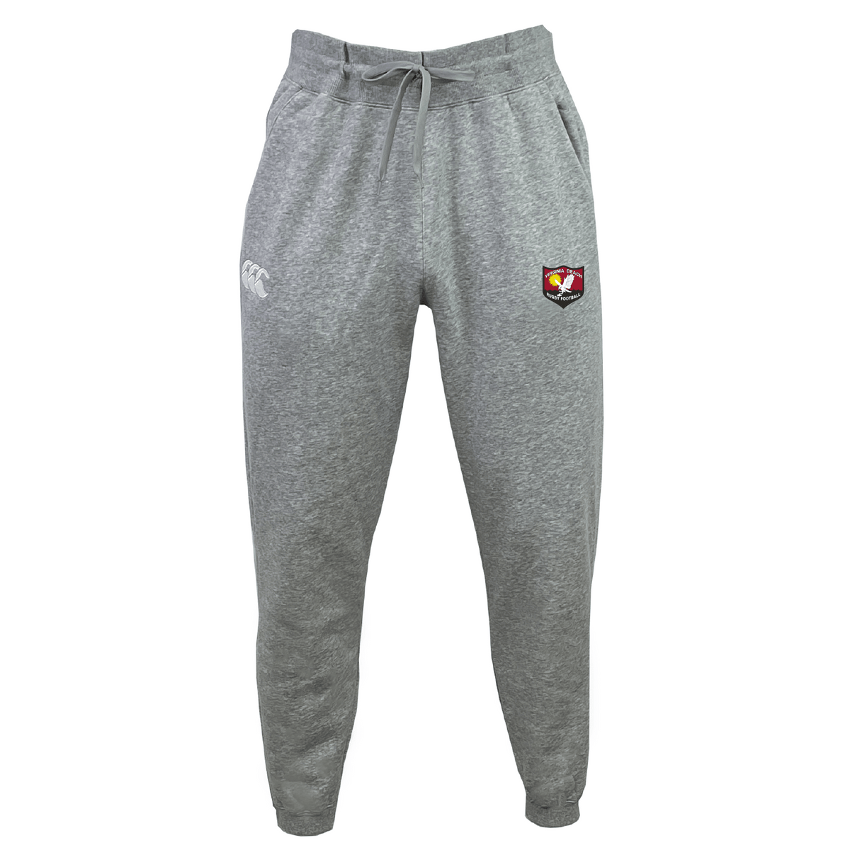 The Virginia Beach RFC Leisure Sweatpant by EMB Canterbury features gray sweatpants with a drawstring waist, made from sustainable fleece fabric, displaying a logo on the right thigh and a small emblem on the left thigh.