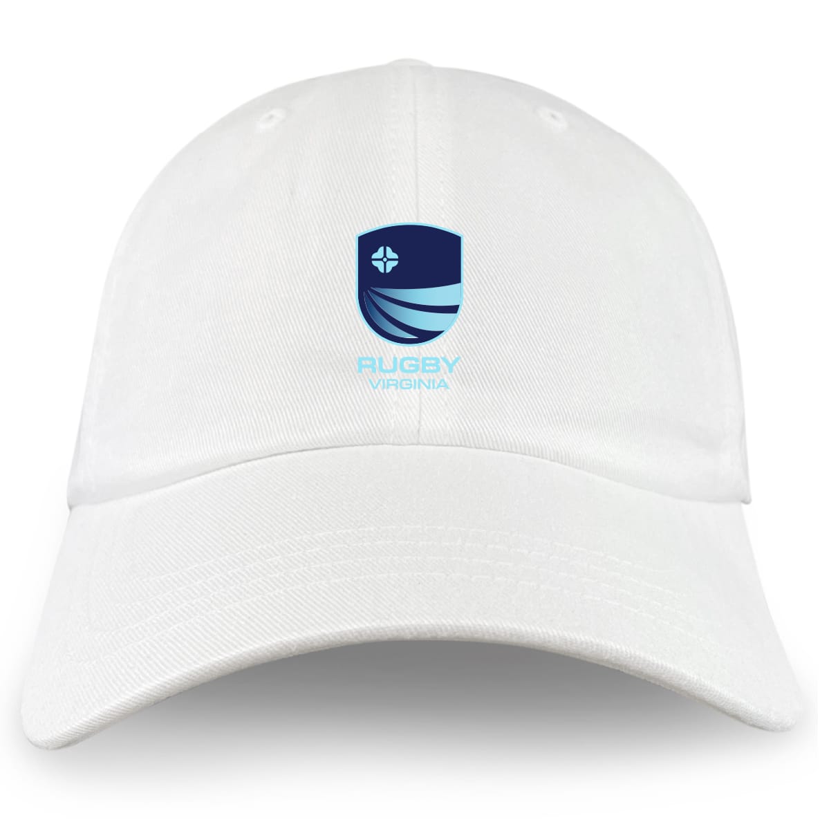 The Rugby VA Adult Low-Profile Cotton Twill Dad Cap by EMB S&S Activewear features a blue stylized shield logo and text on white cotton—ideal for any rugby supporter.