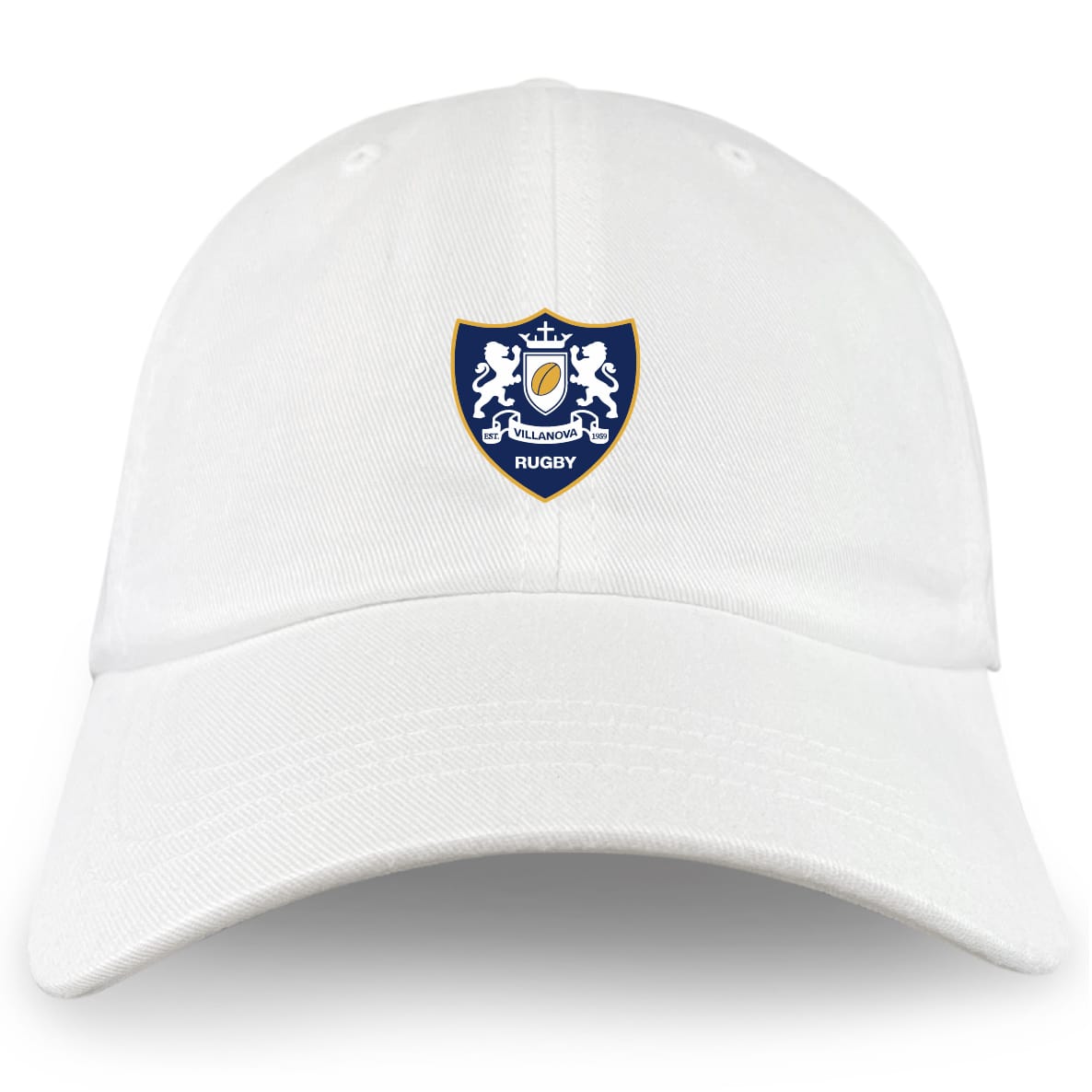 The EMB S&S Activewear Villanova Rugby Club Adult Low-Profile Cotton Twill Dad Cap features a white design with embroidered blue and gold crest—two lions, a crown, and shield—on the front.