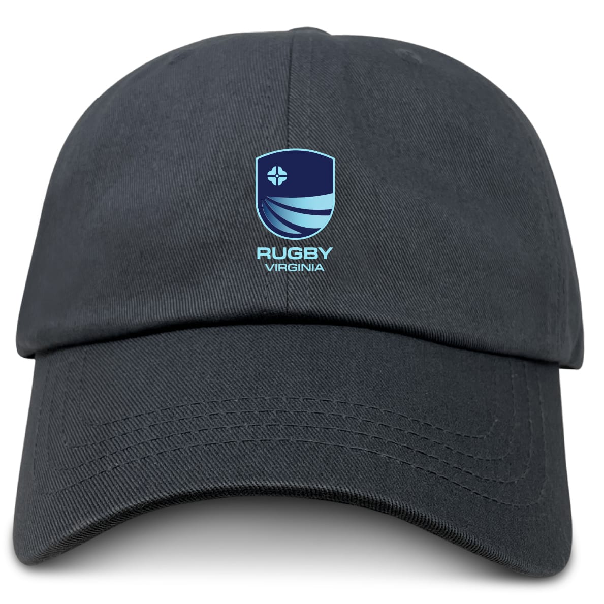 Show your team pride with the Rugby VA Adult Low-Profile Cotton Twill Dad Cap by EMB S&S Activewear, featuring a blue Rugby Virginia logo and text on the front center.