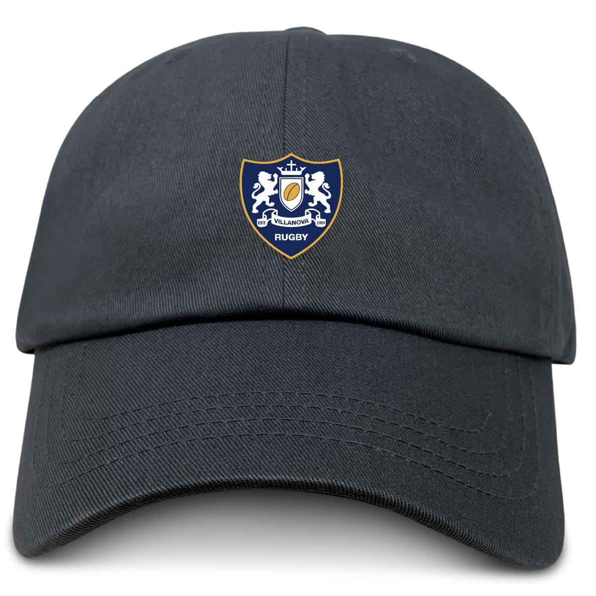 The EMB S&S Activewear Villanova Rugby Club Adult Low-Profile Cotton Twill Dad Cap is black and features an embroidered crest with two lions, a crown, and "VILLANOVA RUGBY" on the front.