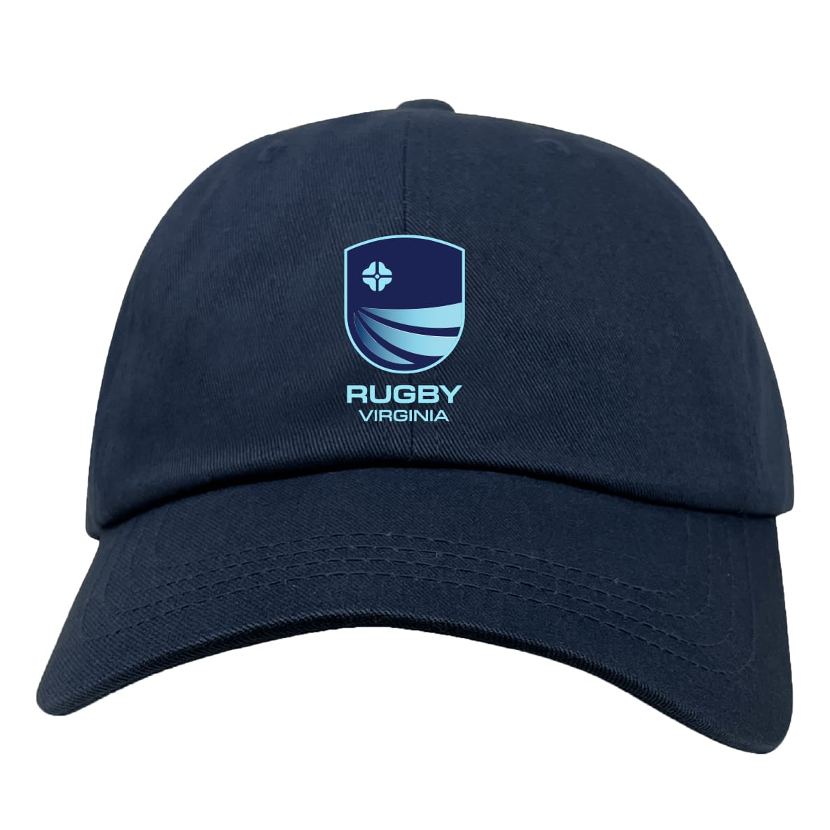 Show your rugby pride with the Rugby VA Adult Low-Profile Cotton Twill Dad Cap by EMB S&S Activewear—navy blue, featuring a stylized shield logo and "RUGBY VIRGINIA" text on the front.