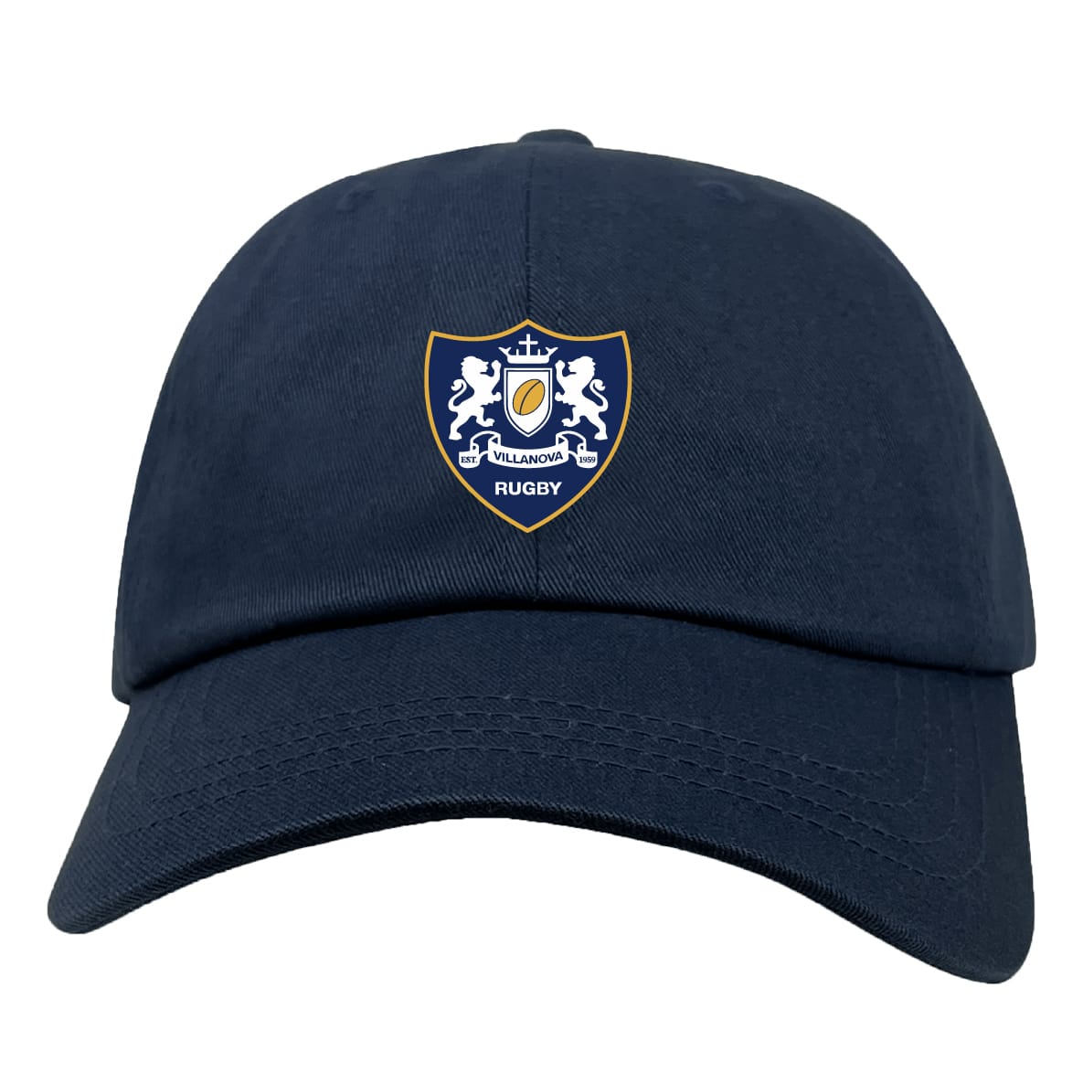 The Villanova Rugby Club Adult Low-Profile Cotton Twill Dad Cap by EMB S&S Activewear features navy blue twill, a crest with two lions and a shield, plus "Rugby" and "Villanova" embroidered on the front.