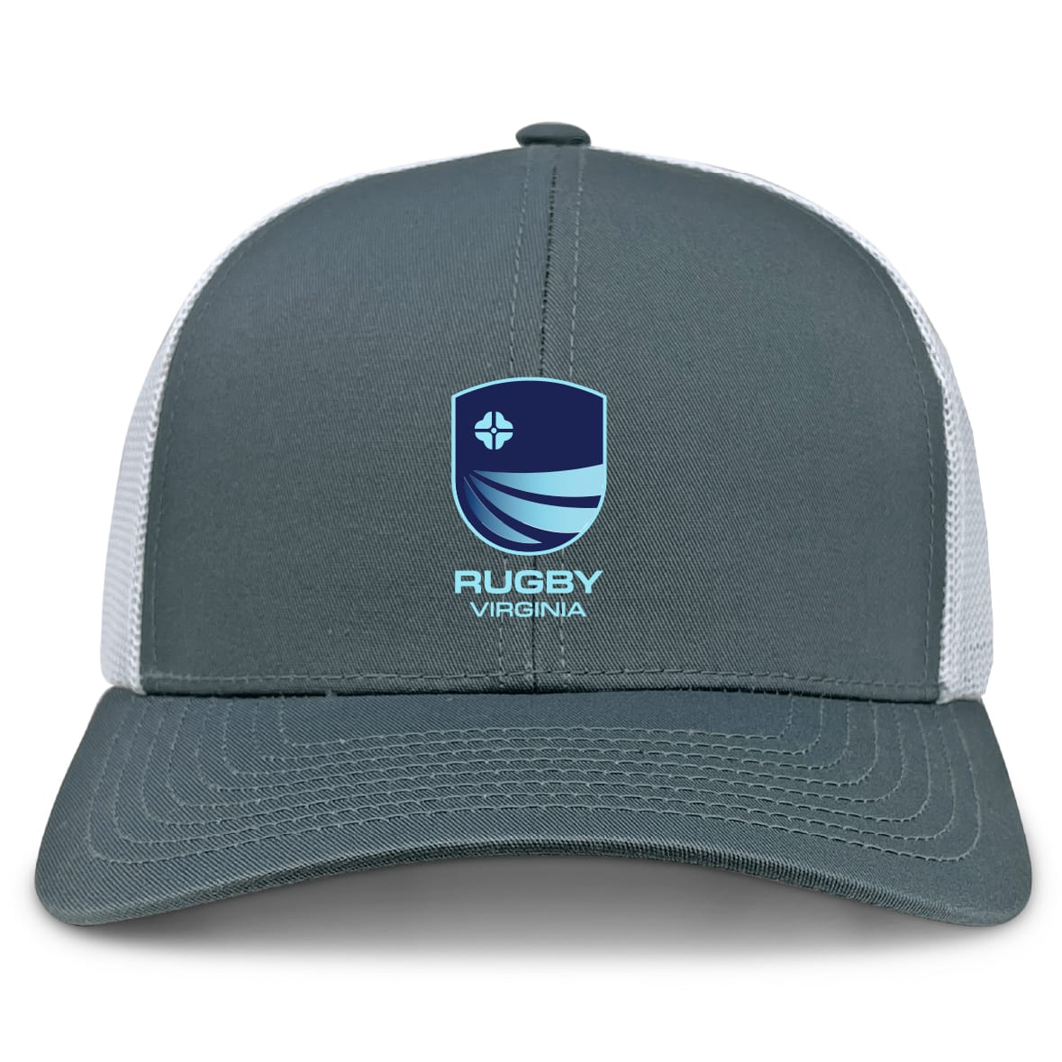 The Rugby VA Retro Trucker Cap by EMB S&S Activewear features a gray and white design, "Rugby Virginia" embroidery with a blue shield and light blue text, plus an adjustable snapback for comfort.