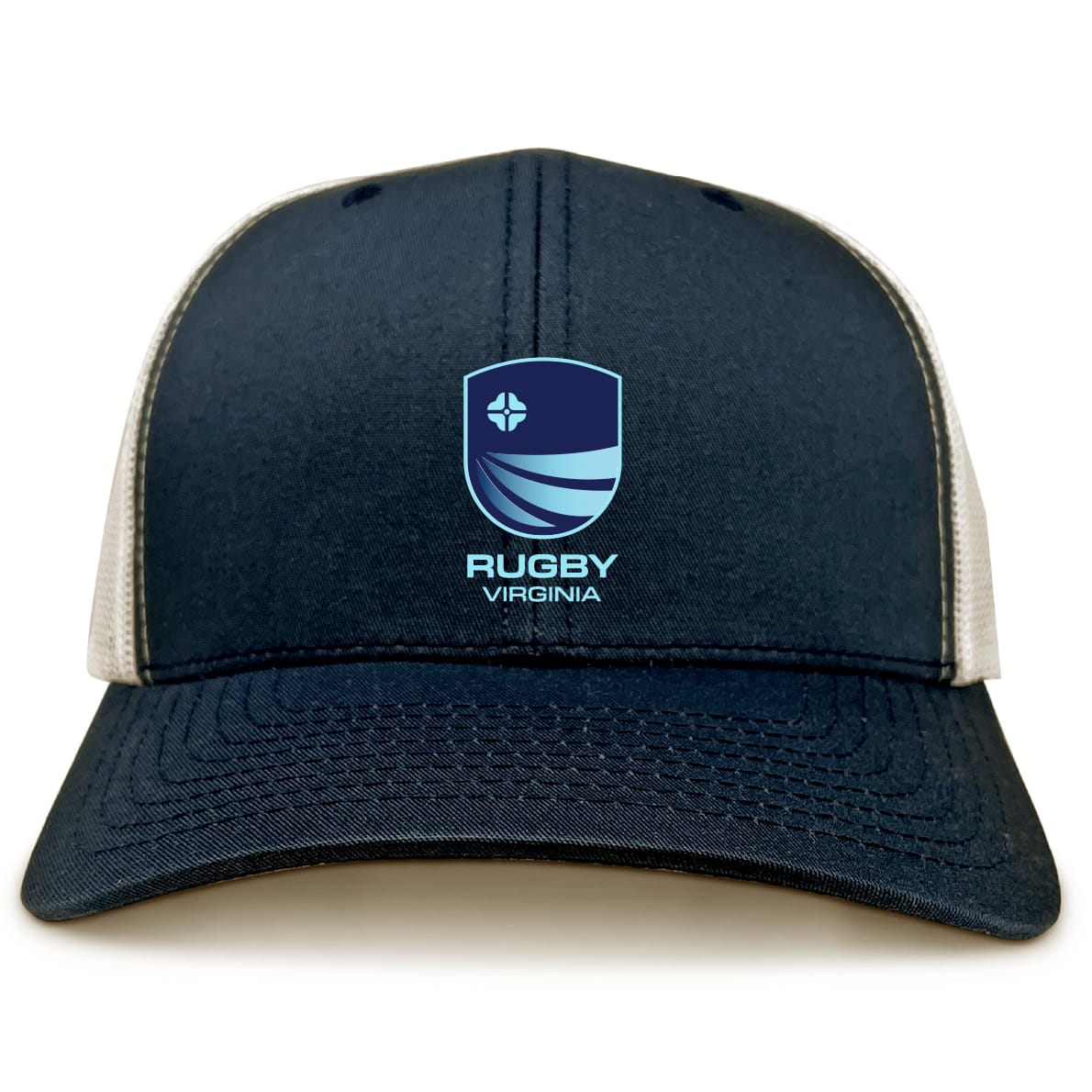 The Rugby VA Retro Trucker Cap by EMB S&S Activewear features navy blue and white mesh, an embroidered Rugby Virginia logo on the front, and a snapback closure.