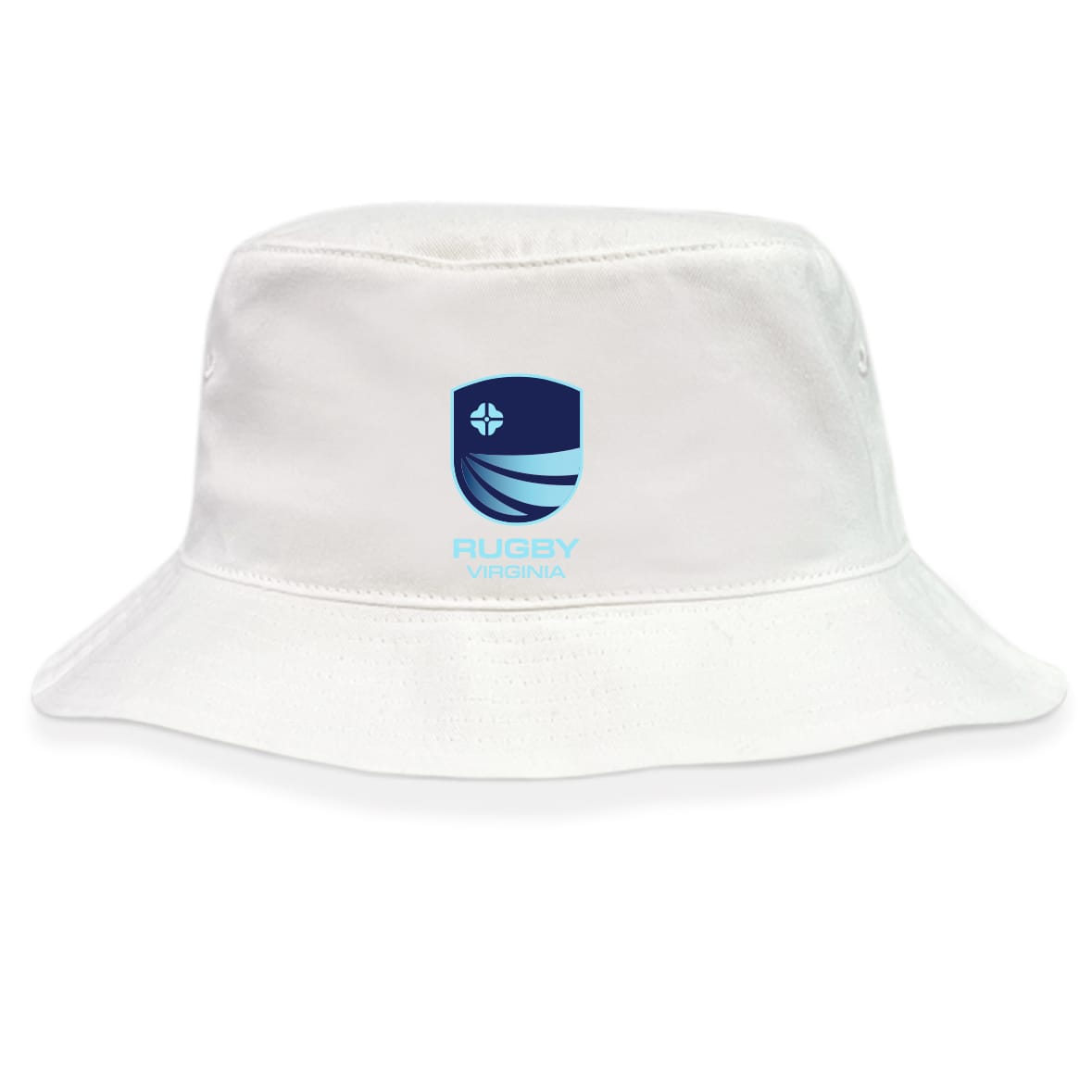 The EMB S&S Activewear Rugby VA Crusher Bucket Cap is a white cotton twill hat with a blue and navy "Rugby Virginia" shield and cross logo on the front, providing comfortable sun protection.