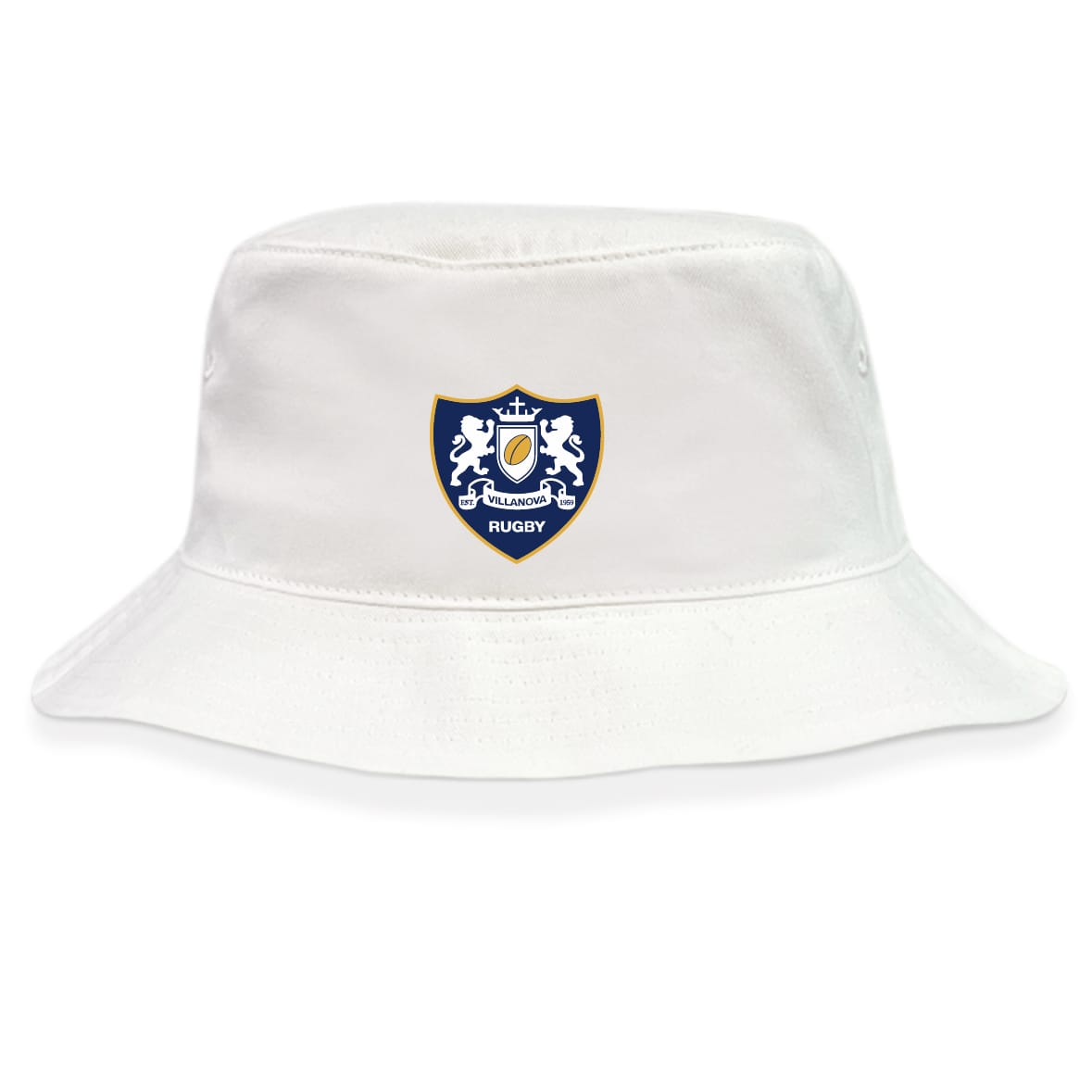 The Villanova Rugby Club Crusher Bucket Cap by EMB S&S Activewear features a blue and gold crest with two lions and "RUGBY" on the front, delivering stylish sun protection in cotton twill.