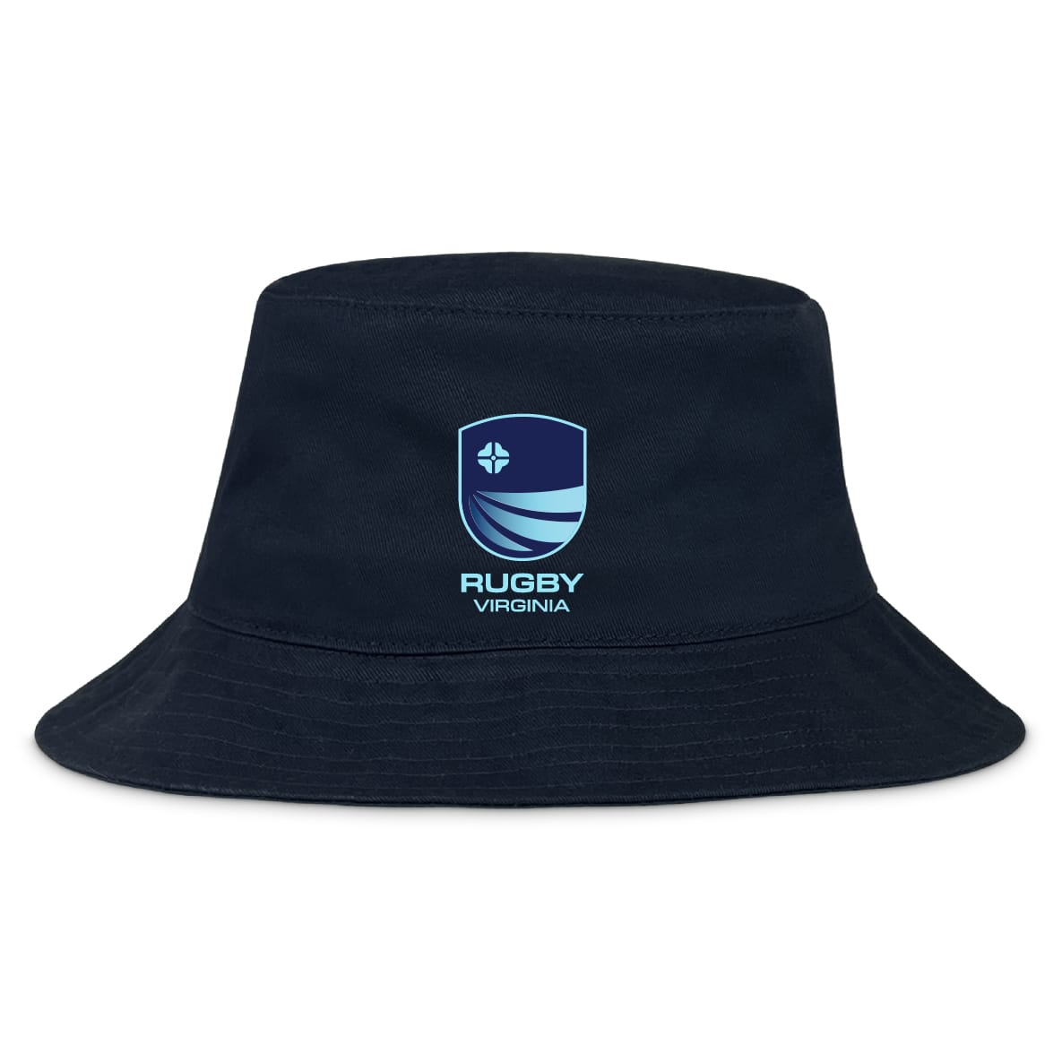 The Rugby VA Crusher Bucket Cap by EMB S&S Activewear is a navy blue cotton twill hat with a blue and white "RUGBY VIRGINIA" shield logo on the front, providing excellent sun protection.