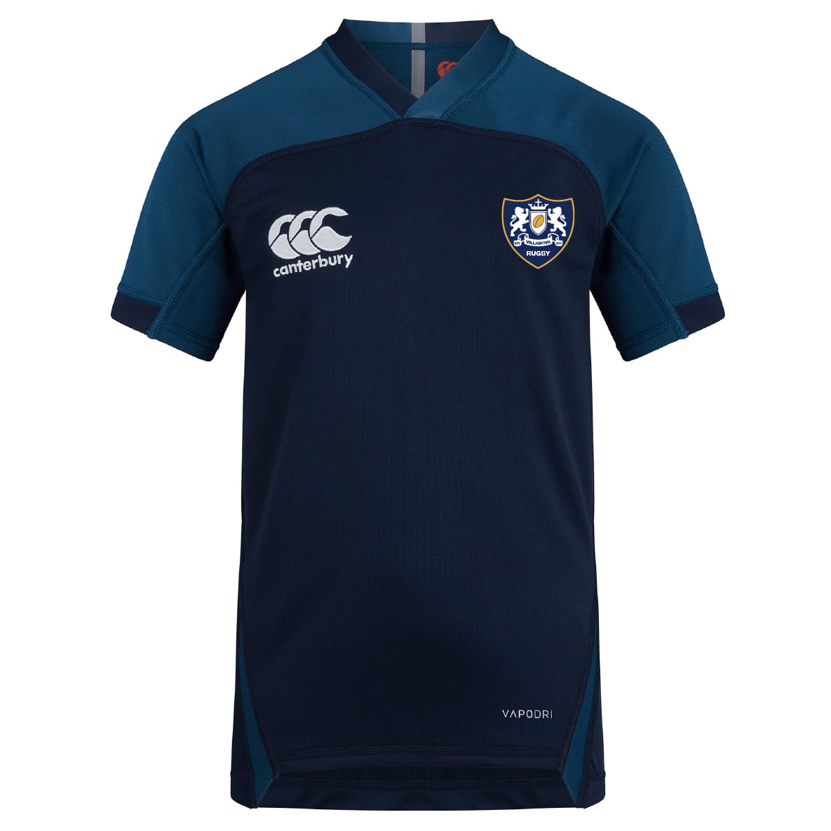 The Villanova Rugby Club Vapodri Evader Jersey by EMB Canterbury features navy blue and dark teal, short sleeves, team crest and logo on the chest, and moisture-wicking Vapodri tech for comfort during every rugby match.