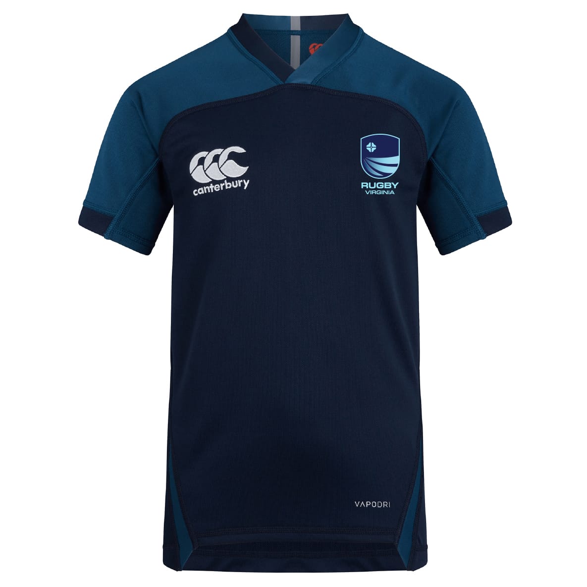 The Rugby VA Vapodri Evader Jersey by Canterbury is a navy blue, short-sleeve rugby jersey with moisture-wicking tech, EMB Canterbury logo on the right chest, and Rugby Viadana logo on the left chest.