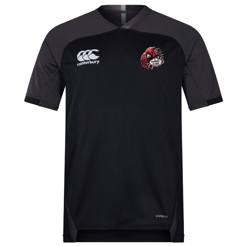 Vienna Rugby Vapodri Evader Jersey by EMB Canterbury with short sleeves, showcasing a white Canterbury logo on the right and a red emblem depicting a snarling wolf on the left. The Canterbury neckline and moisture-wicking technology provide comfort and enhance performance.