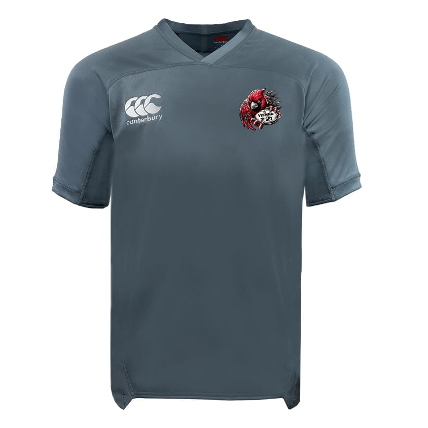 The Vienna Rugby Vapodri Evader Jersey by EMB Canterbury, in gray, boasts a logo on the upper left and a Canterbury logo on the right. It is designed with moisture-wicking technology featuring a VapoDri finish to keep you cool and dry during intense activities.