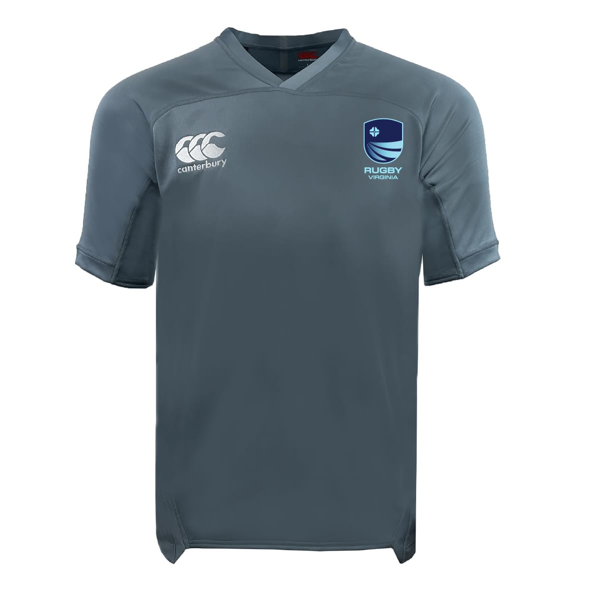 Grey short-sleeve Rugby VA Vapodri Evader Jersey by EMB Canterbury, featuring moisture-wicking Vapodri tech, Canterbury logo on right chest, and blue Rugby Virginia badge on left chest.