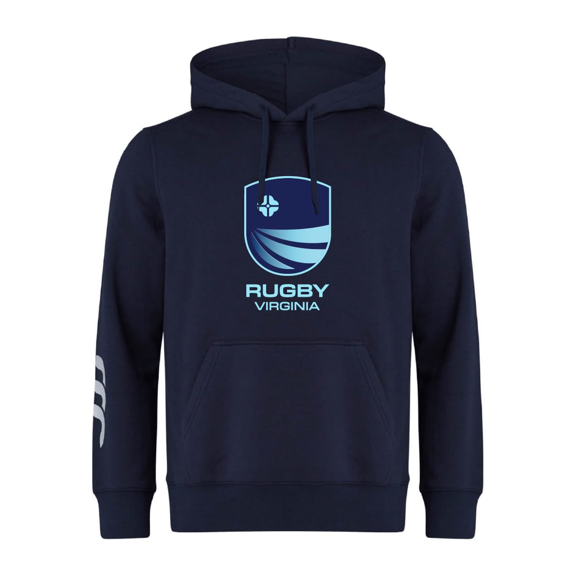 The Rugby VA Club Hoodie by WRS Canterbury features a navy blue design with a "Rugby Virginia" logo and abstract front graphic, plus a kangaroo on the left sleeve—ideal as a team hoodie for any Rugby Club.