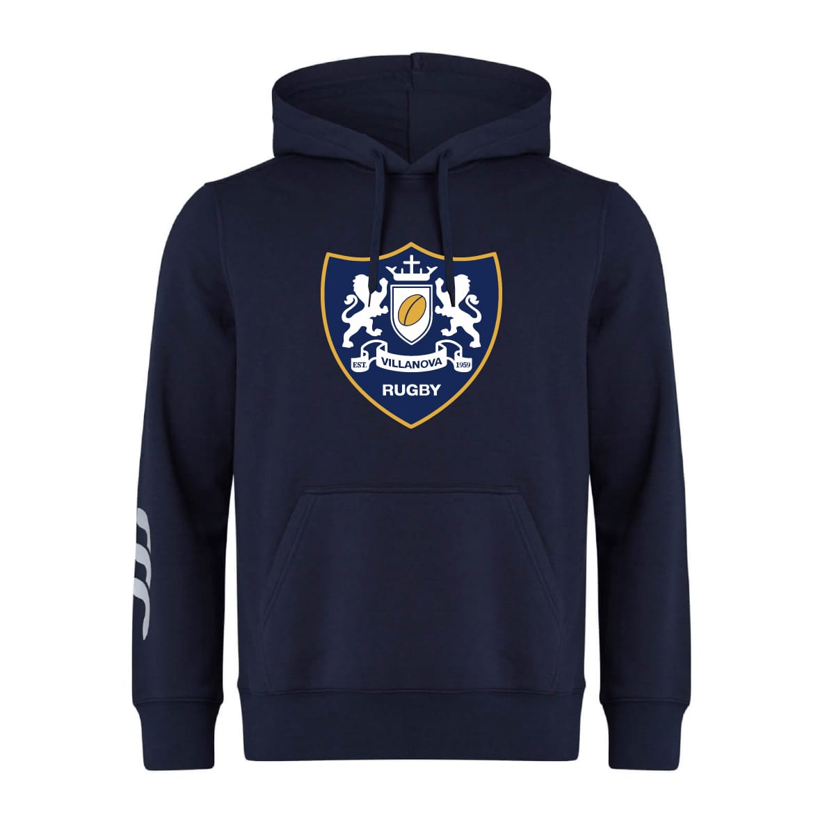 The Villanova Rugby Club Hoodie by WRS Canterbury features a navy blue color, front pouch pocket, three white stripes on the left sleeve, and a Villanova Rugby crest with lions and crown on the chest.