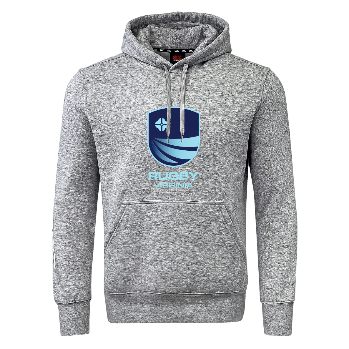 The Rugby VA Club Hoodie by Canterbury from WRS Canterbury features a gray design with front pocket, blue shield logo, and "Rugby Virginia" text on the chest—ideal for any fan or player.