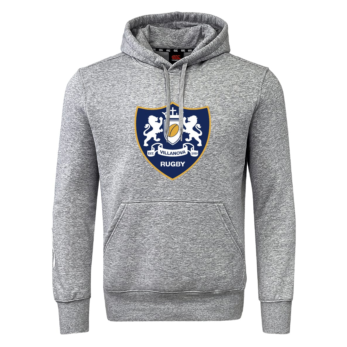 The Villanova Rugby Club Club Hoodie by Canterbury from WRS Canterbury features a gray design with a front pocket and blue shield crest—ideal for any rugby fan or player.