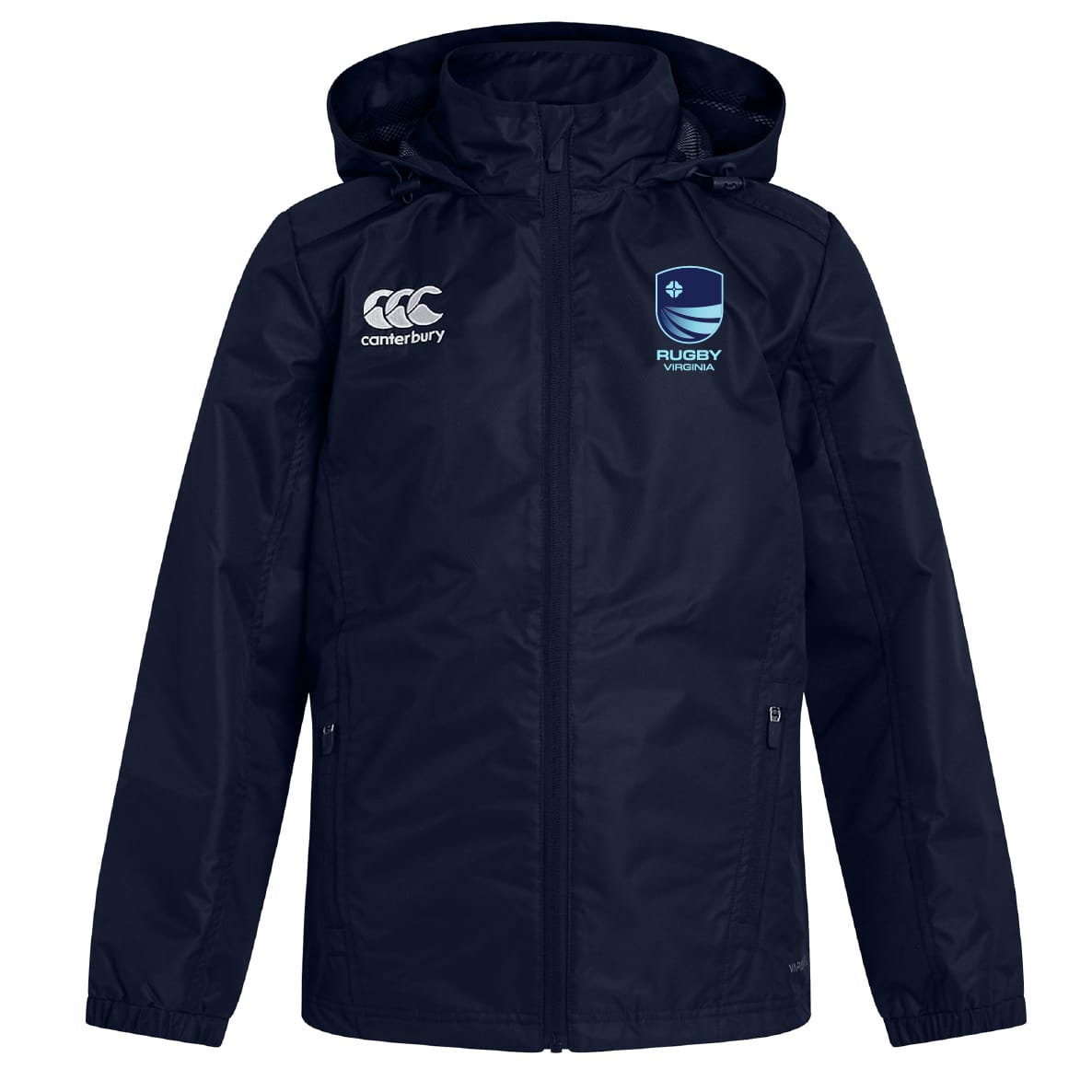 The Rugby VA Club Vaposhield Full Zip Rain Jacket by EMB Canterbury is a navy blue rain jacket with a front zipper, featuring white Canterbury and Rugby Victoria logos on the chest.
