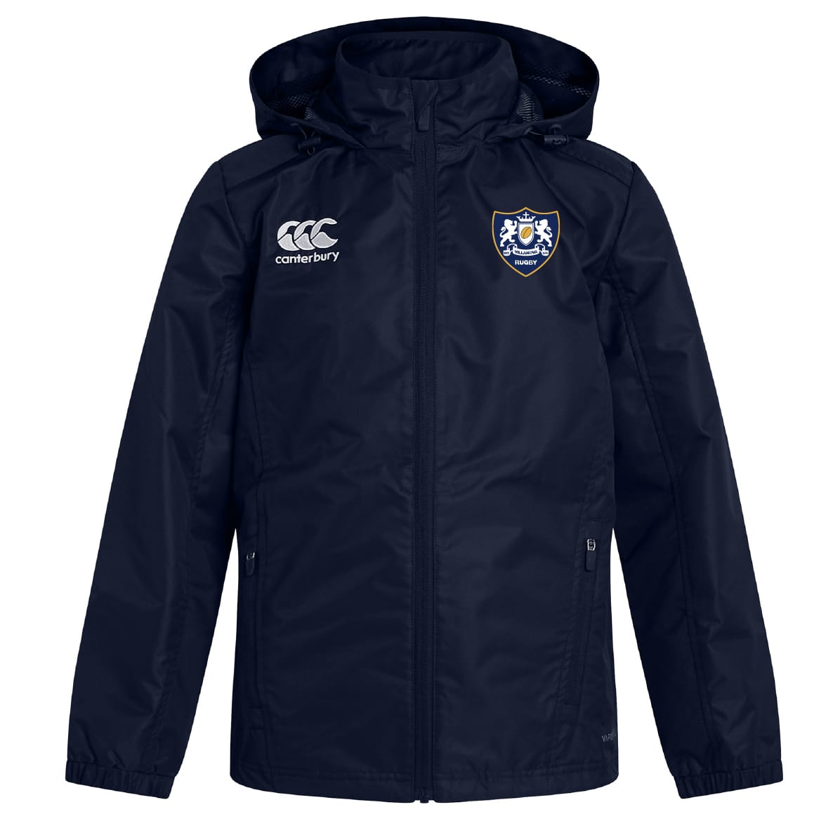 The Villanova Rugby Club Vaposhield Full Zip Rain Jacket by EMB Canterbury features a navy water-resistant finish, zip front, Canterbury logo on the right chest, and a blue and white club crest on the left chest.