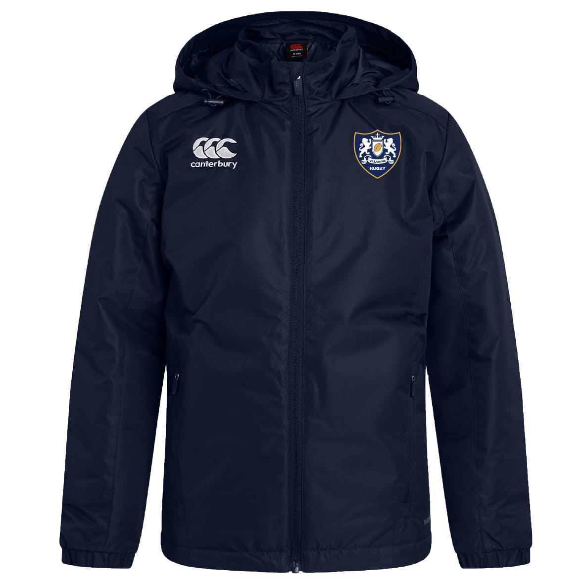 The Villanova Rugby Club Vaposhield Stadium Jacket by EMB Canterbury is a navy stadium jacket with padded insulation, front zipper, Canterbury logo on the right chest, and an embroidered crest on the left chest.