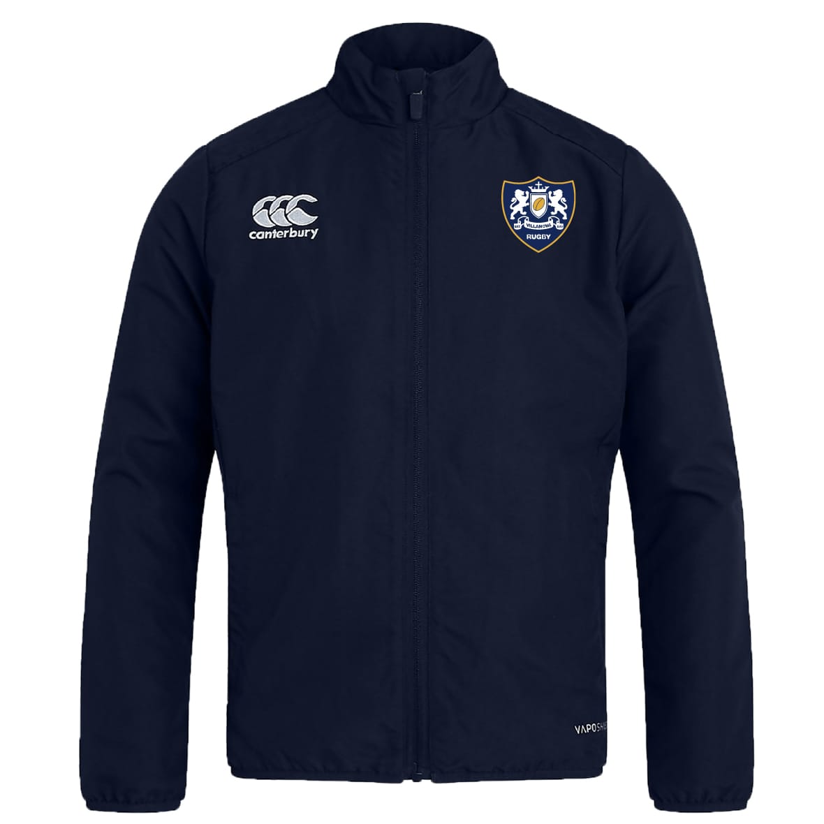 The Villanova Rugby Club Track Jacket by EMB Canterbury is a navy blue lightweight jacket with the club crest on the left chest and Canterbury logo on the right—perfect as a club track jacket.