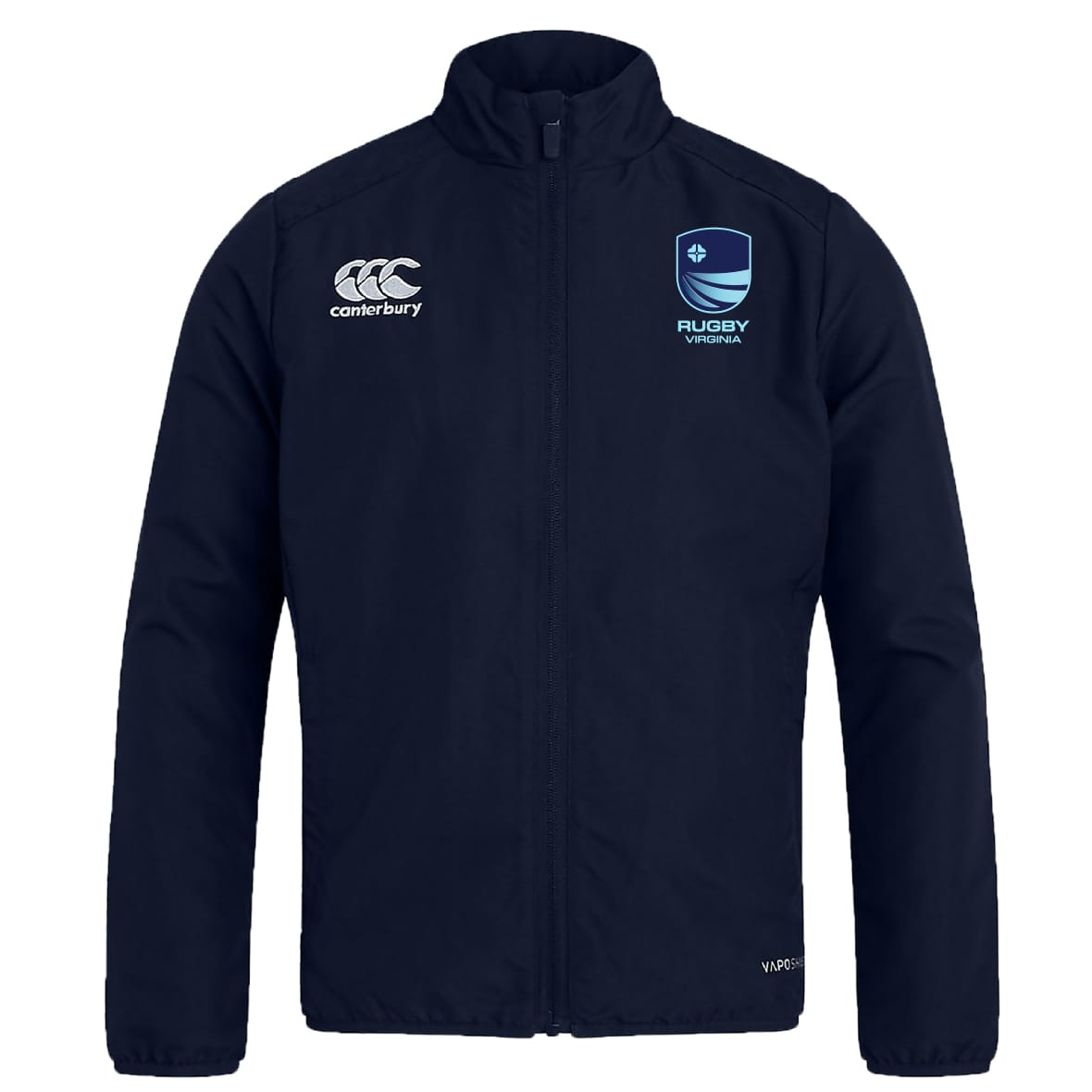 The Rugby VA Club Track Jacket by EMB Canterbury in navy features the Canterbury logo on the right chest and Rugby Viadana logo on the left, with a water-repellent design for comfort in any weather.