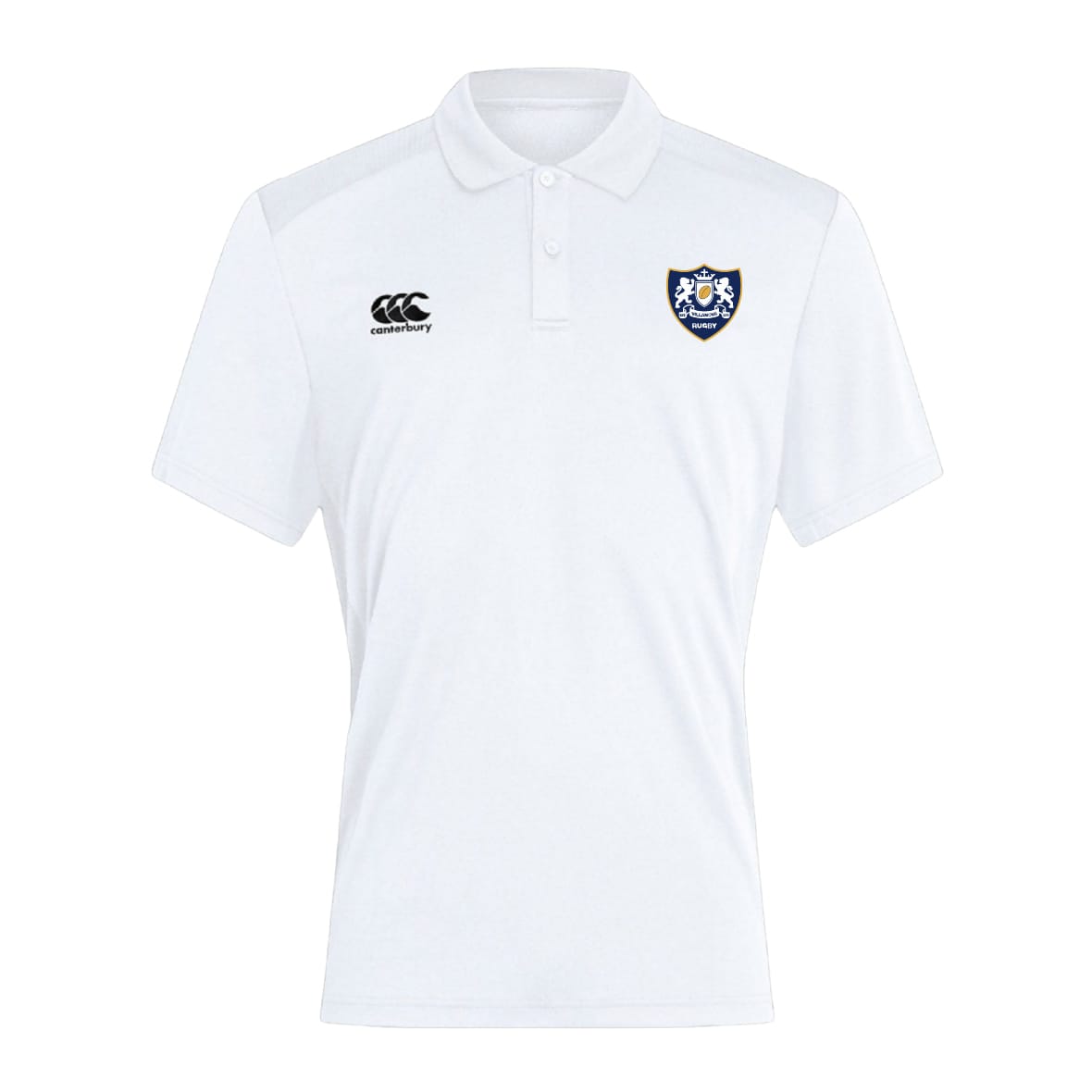 The Villanova Rugby Club Club Dry Polo by EMB Canterbury features short sleeves, a buttoned collar, right-chest Canterbury logo, blue and black crest on the left chest, and Vapodri Technology for cool, breathable comfort.