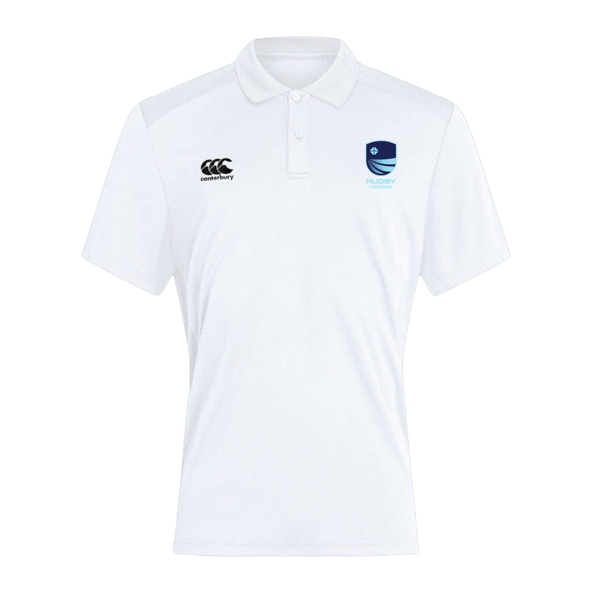 The EMB Canterbury Rugby VA Waimak Polo is a classic white men's short-sleeve rugby shirt with a collar and embroidered logos on both sides of the chest, offering timeless Canterbury style.
