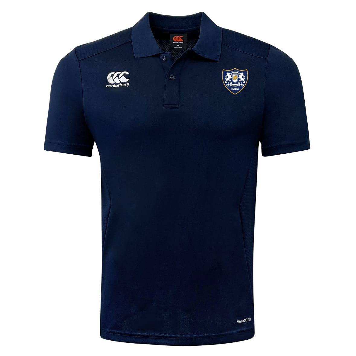 The Villanova Rugby Club Club Dry Polo by EMB Canterbury features short sleeves, Vapodri Technology for breathability, a lion-and-shield crest on the left, and the Canterbury logo on the right chest.