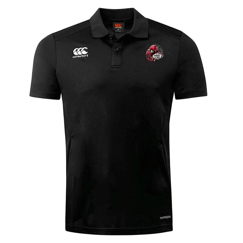 The Vienna Rugby Club Dry Polo by EMB Canterbury features a Canterbury logo on the right chest and a red and black embroidered emblem on the left. This breathable polo uses Vapodri Technology for quick drying comfort, perfect for active wear.