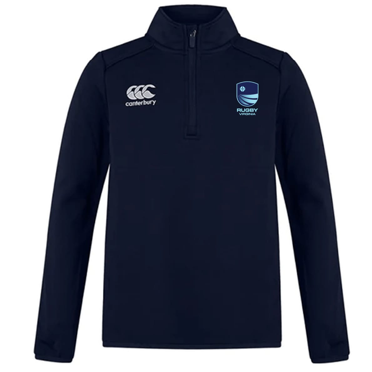 The Rugby VA Club 1/4 Zip Mid Layer Training Top by EMB Canterbury in navy features a Canterbury logo on the right chest and Rugby branding on the left—ideal for training sessions.
