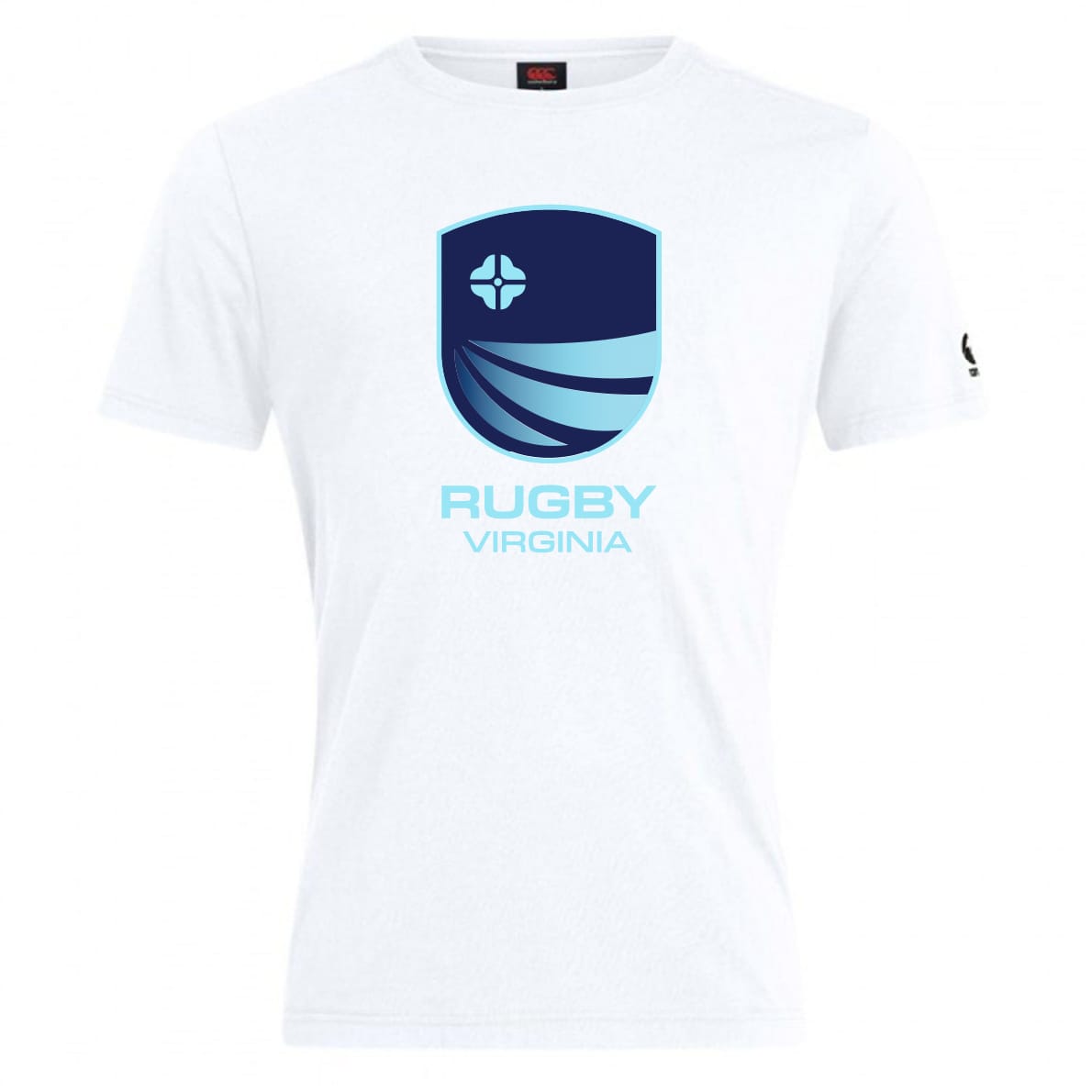 The Rugby VA Club Plain Tee by WRS Canterbury is a white cotton blend shirt featuring a blue shield logo and "RUGBY VIRGINIA" in light blue on the front.